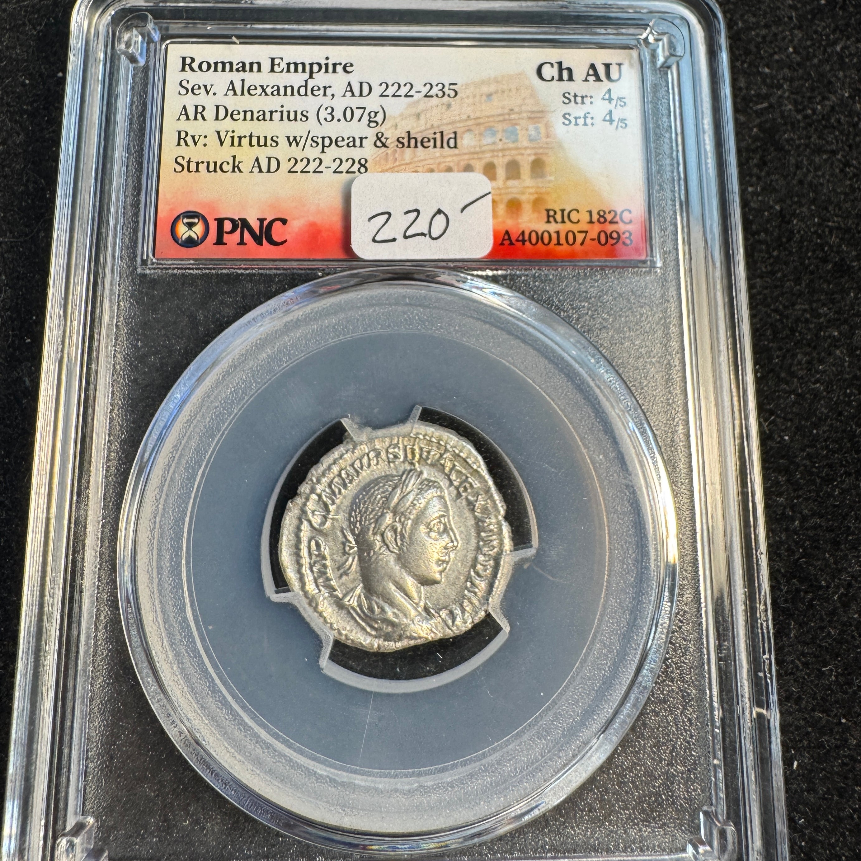 Severus Alexander (222-235 AD) Roman Empire AR Denarius, Rx: Virtus, RIC-182c, PNC Choice AU