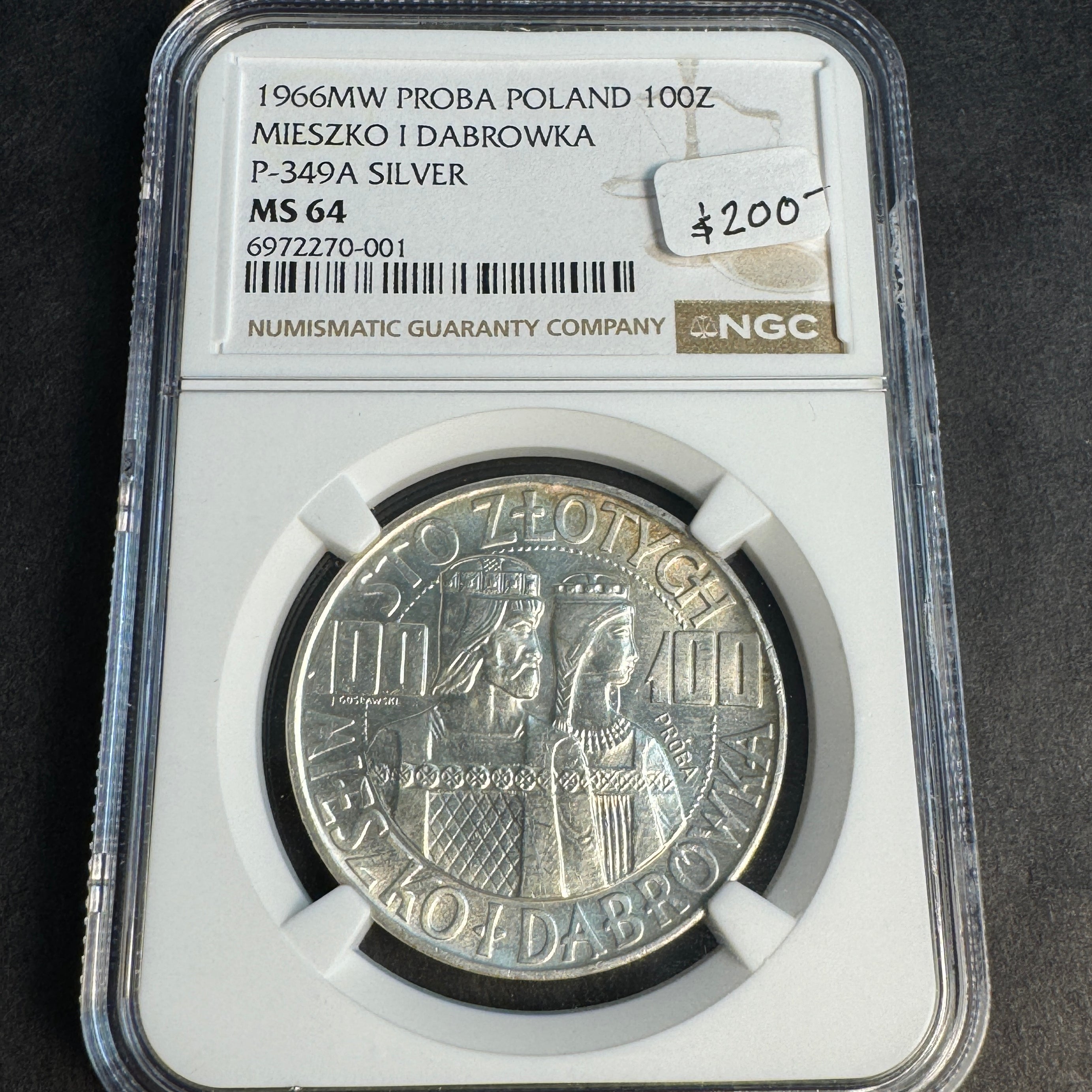 1966-MW PROBA Poland 100 Zlotych, Miesko I Dabrowka (P-349a) NGC MS-64 🇵🇱