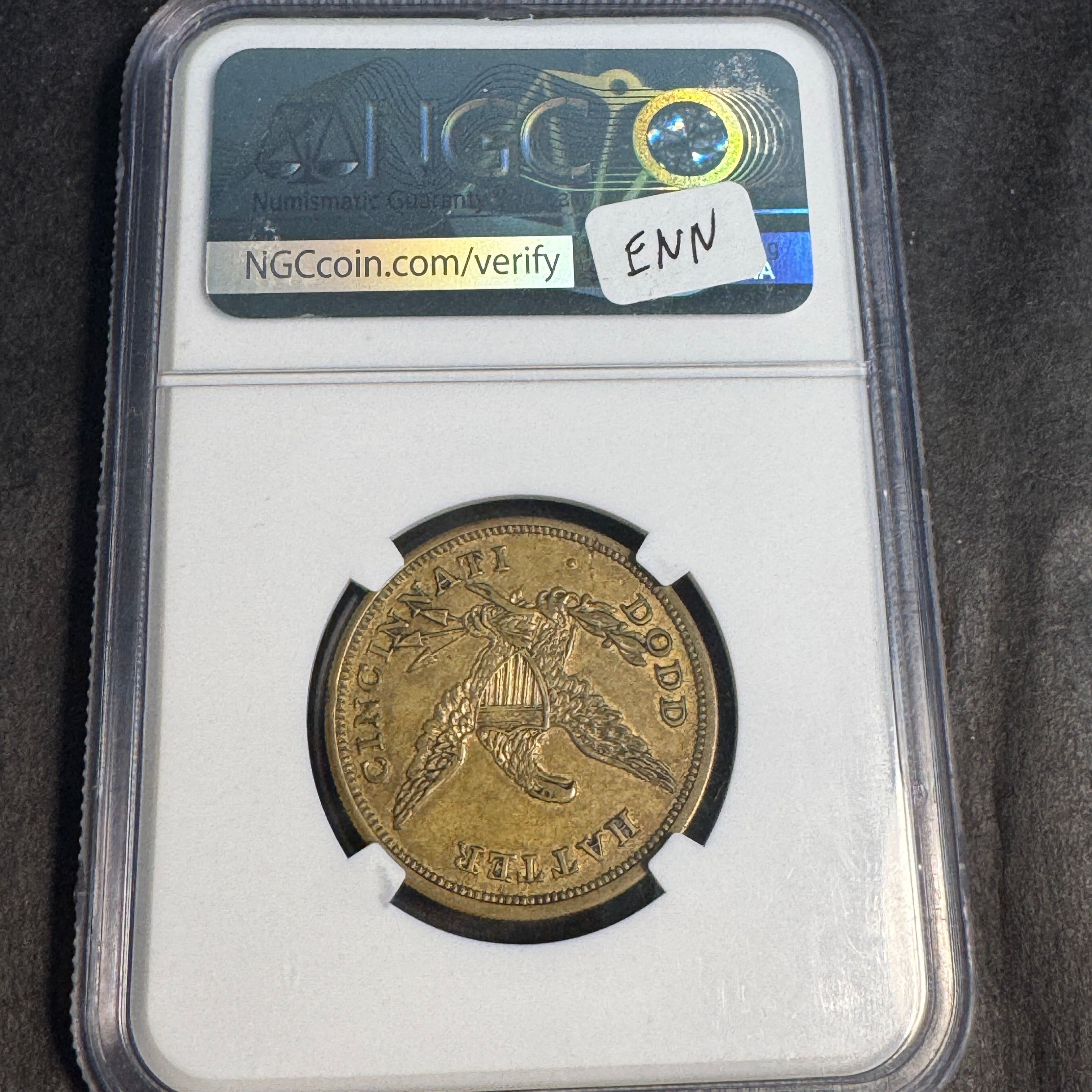 (c.1850) Dodd, Hatter, 144 Main St - merchant token, Cincinnati OH, M-OHIO-7, NGC MS-61