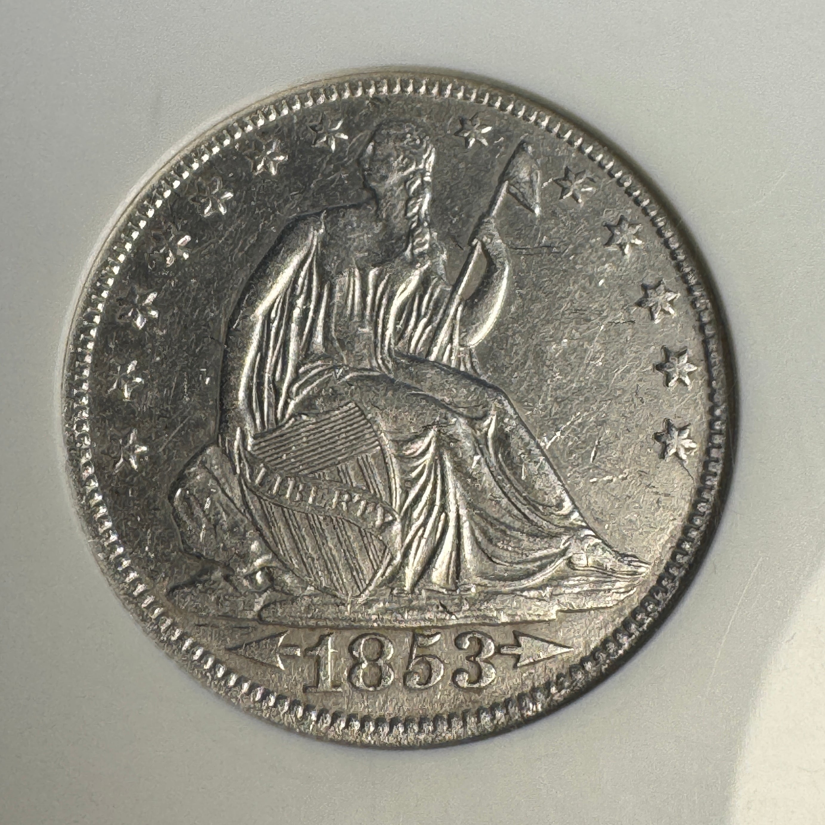 1853-O Seated Liberty Half Dollar 50c Arrows & Rays, SS REPUBLIC, NGC Shipwreck Effect UNC