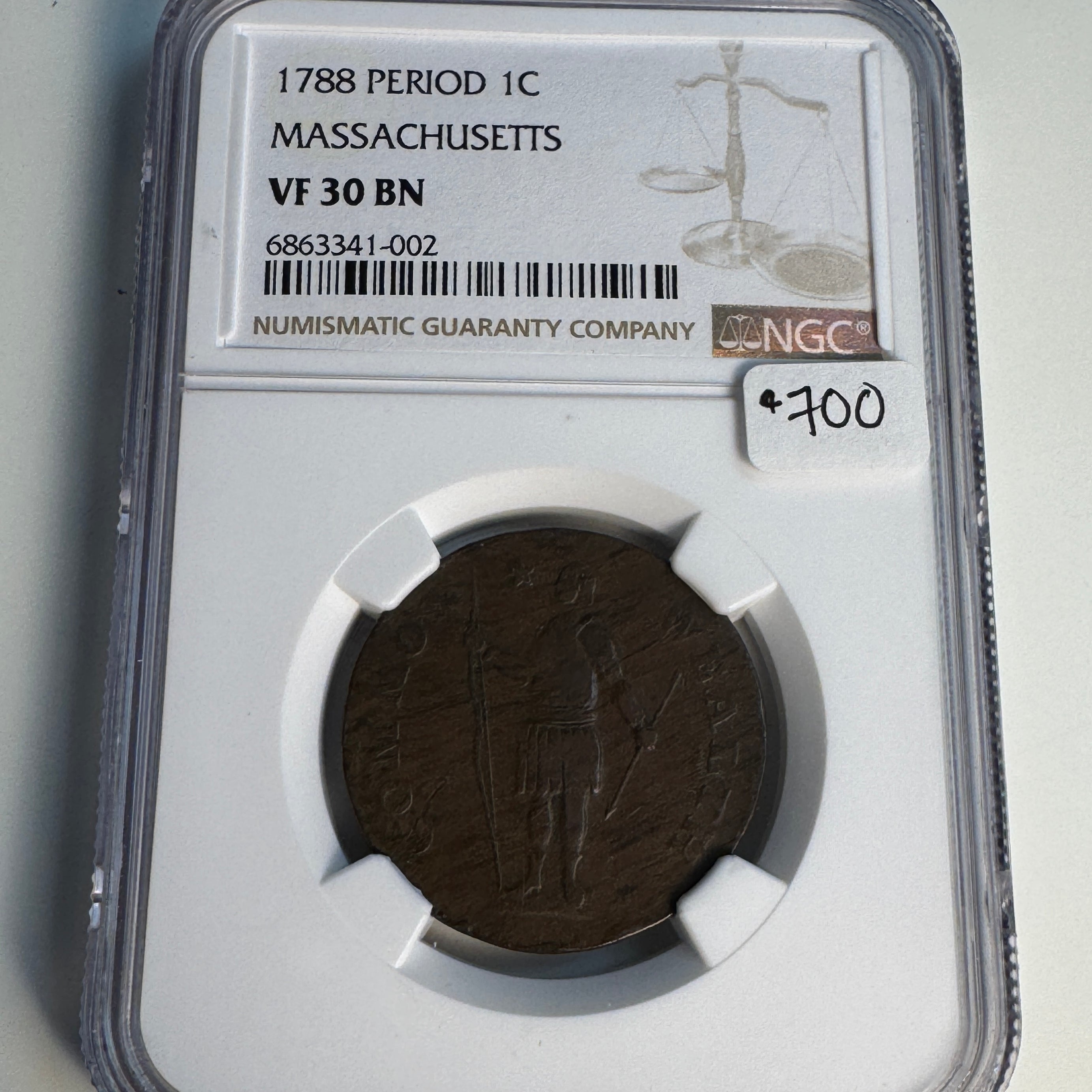 1788 Massachusetts Commonwealth One Cent, Period after Date, NGC VF-30 BN