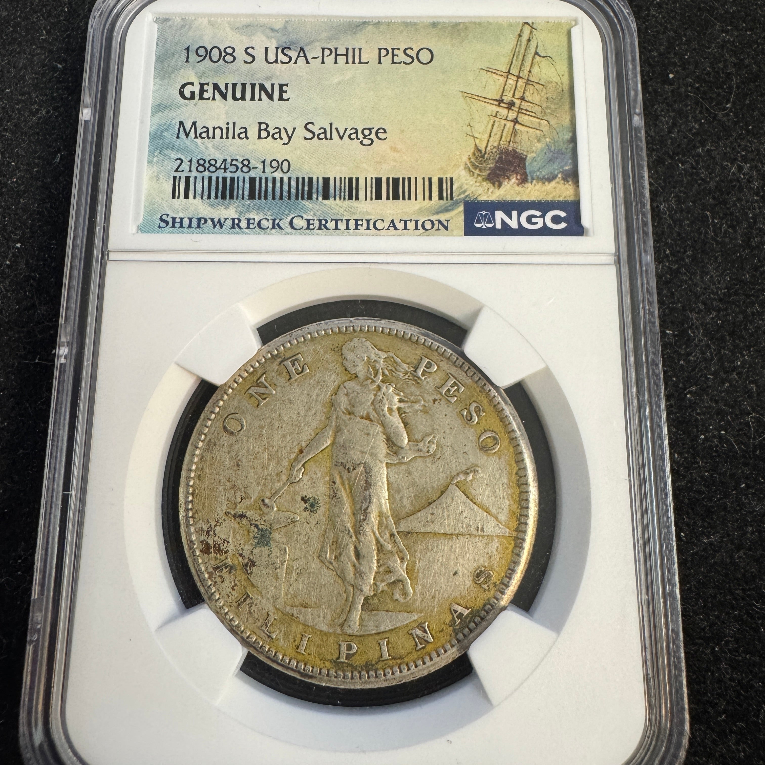 1908-S US Philippines AR Peso NGC Genuine - WWII Manila Bay Salvage 🇺🇸🇵🇭