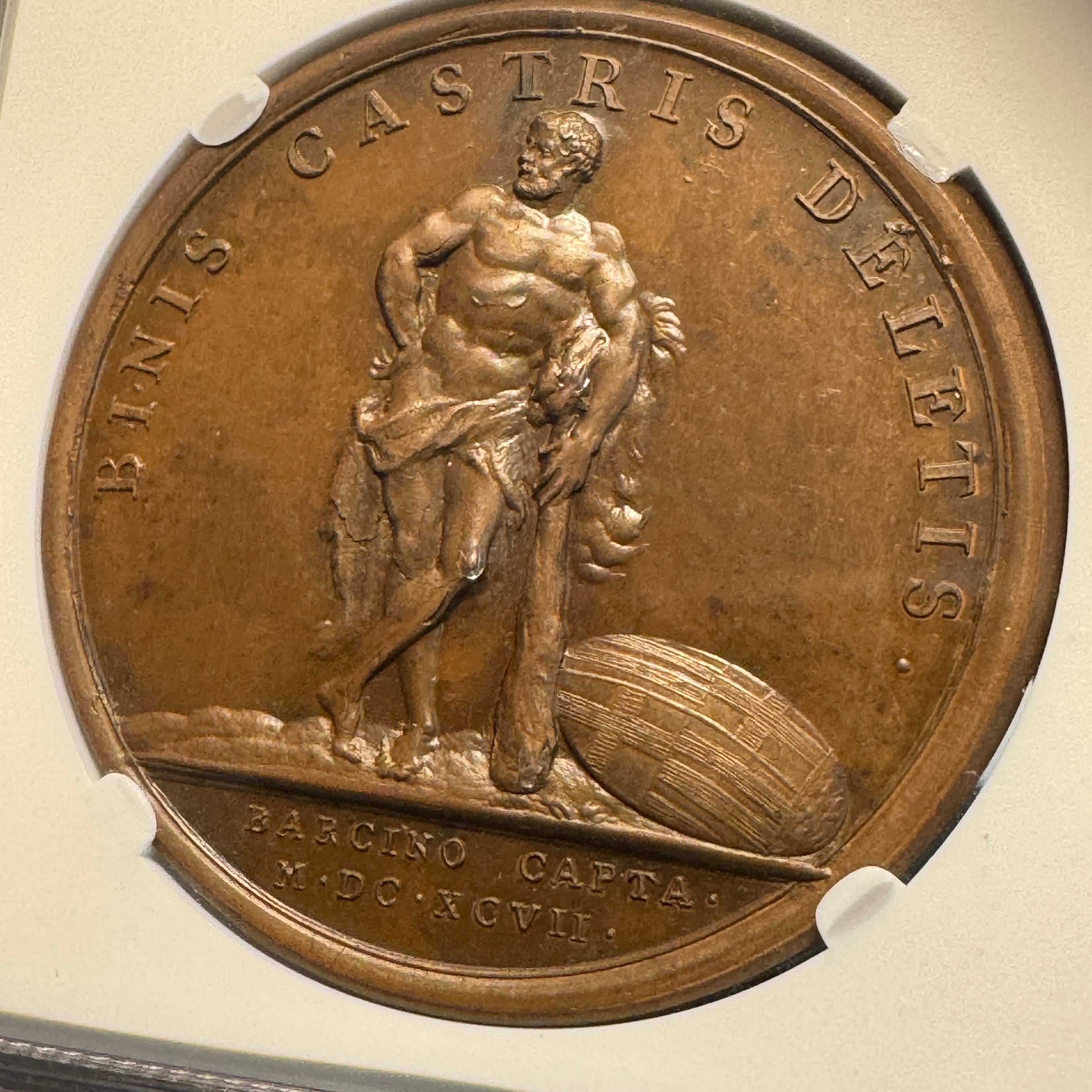 1697-Dated France Bronze Medal Divo-267, King Louis / Hercules, Capture of Barcelona, NGC MS-64 BN 🇫🇷