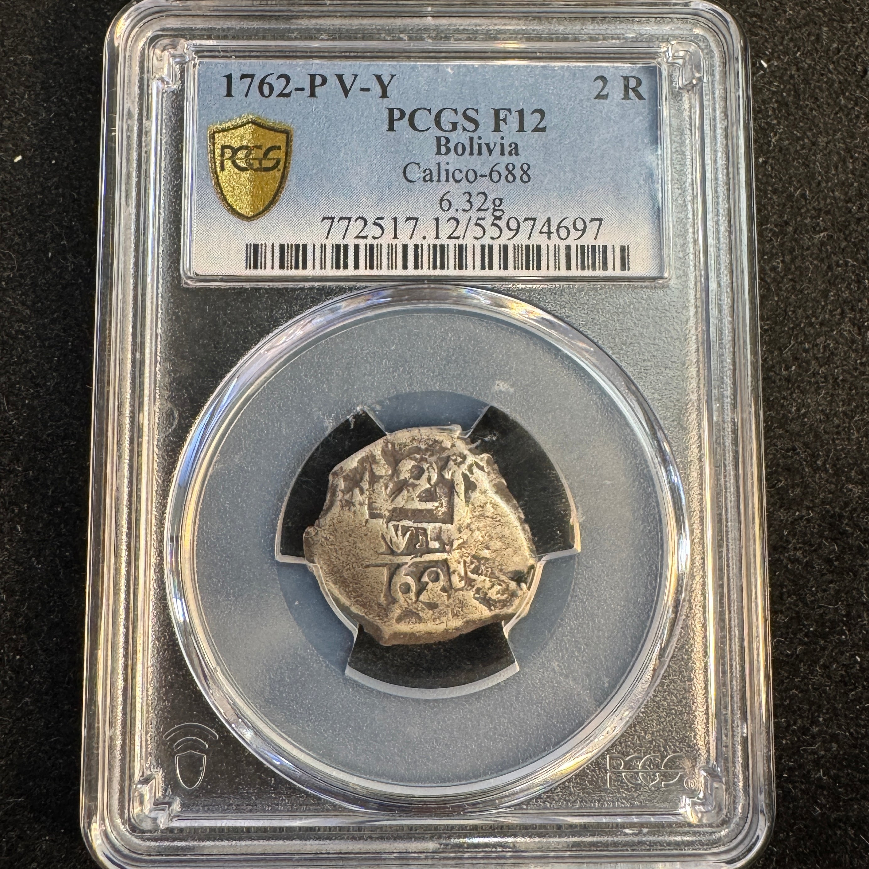 1762 P-VY Bolivia AR 2 Reales Cob, Cal-688, PCGS F-12