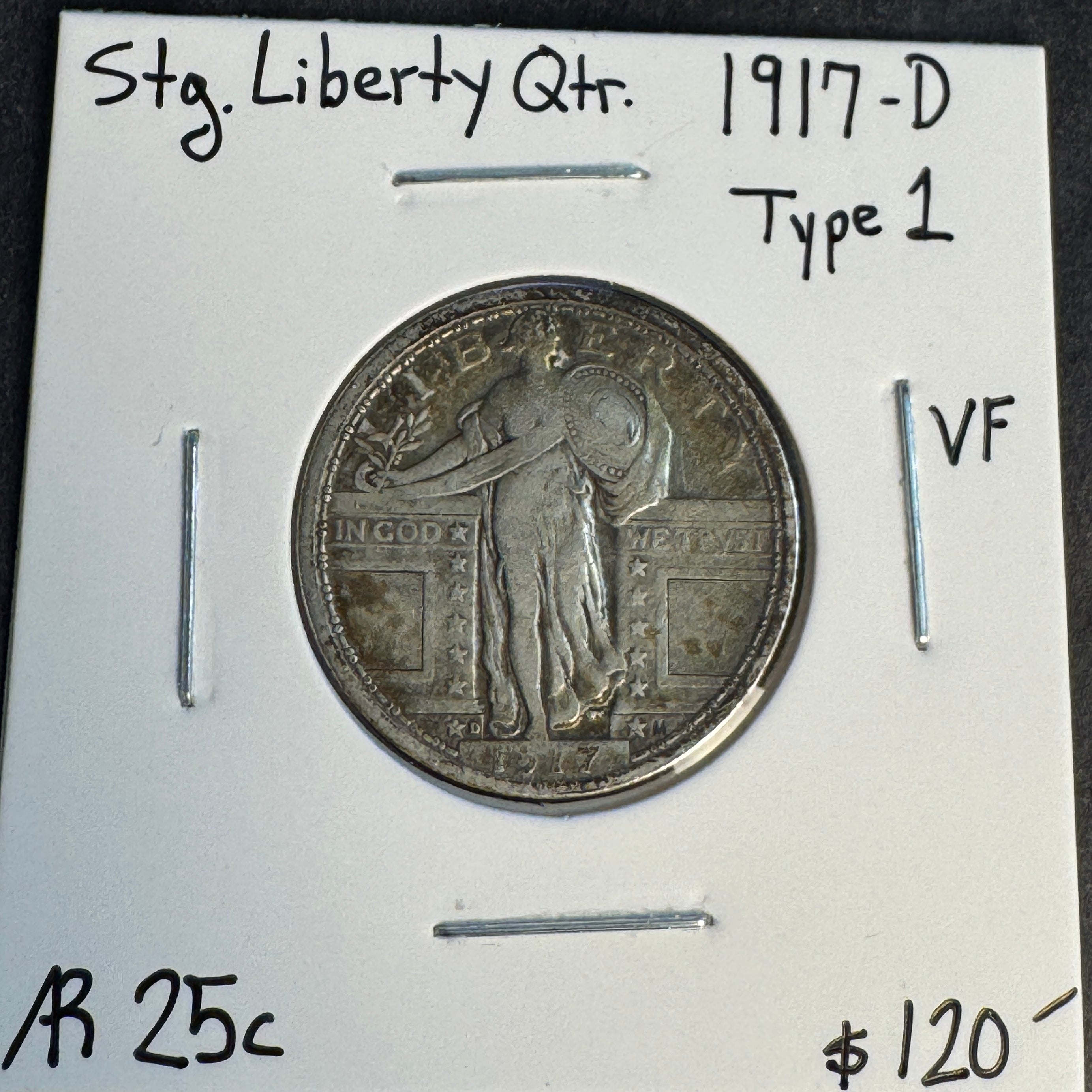 1917-D Type 1 Standing Liberty Quarter AR 25c, VF