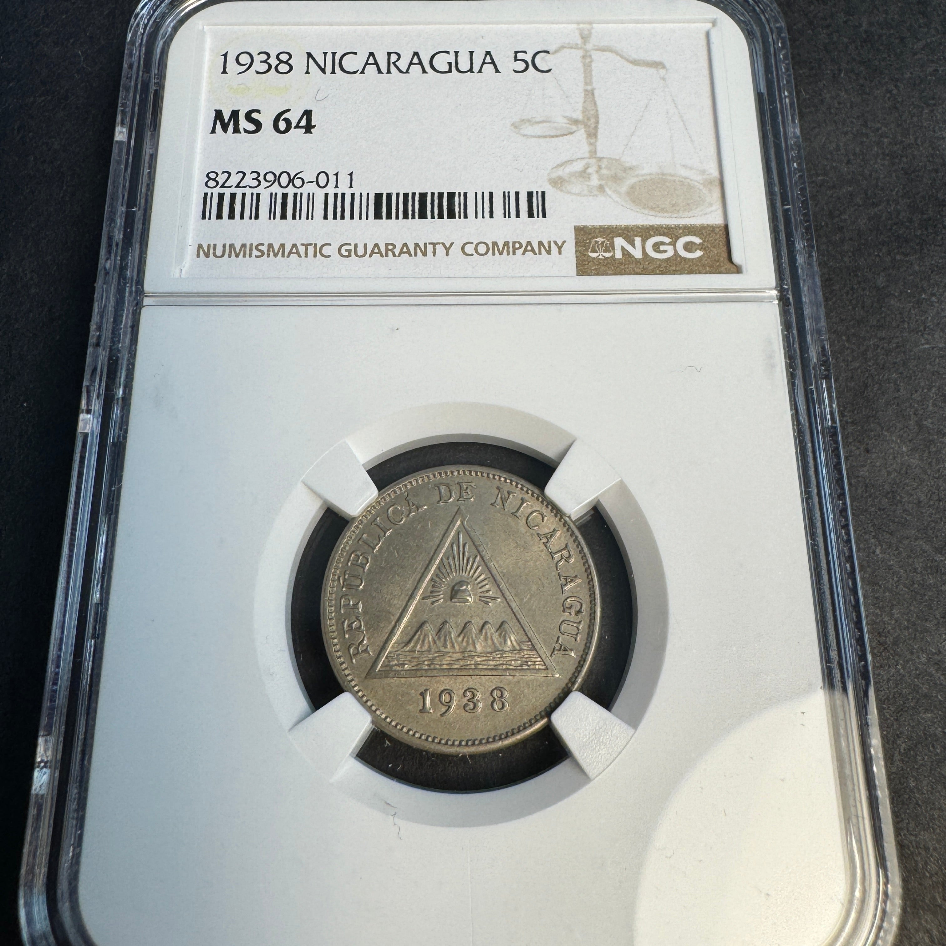 1938 (P, US Mint) Nicaragua 5 Centavos, KM-12, NGC MS-64, Pop 5/2 🇳🇮