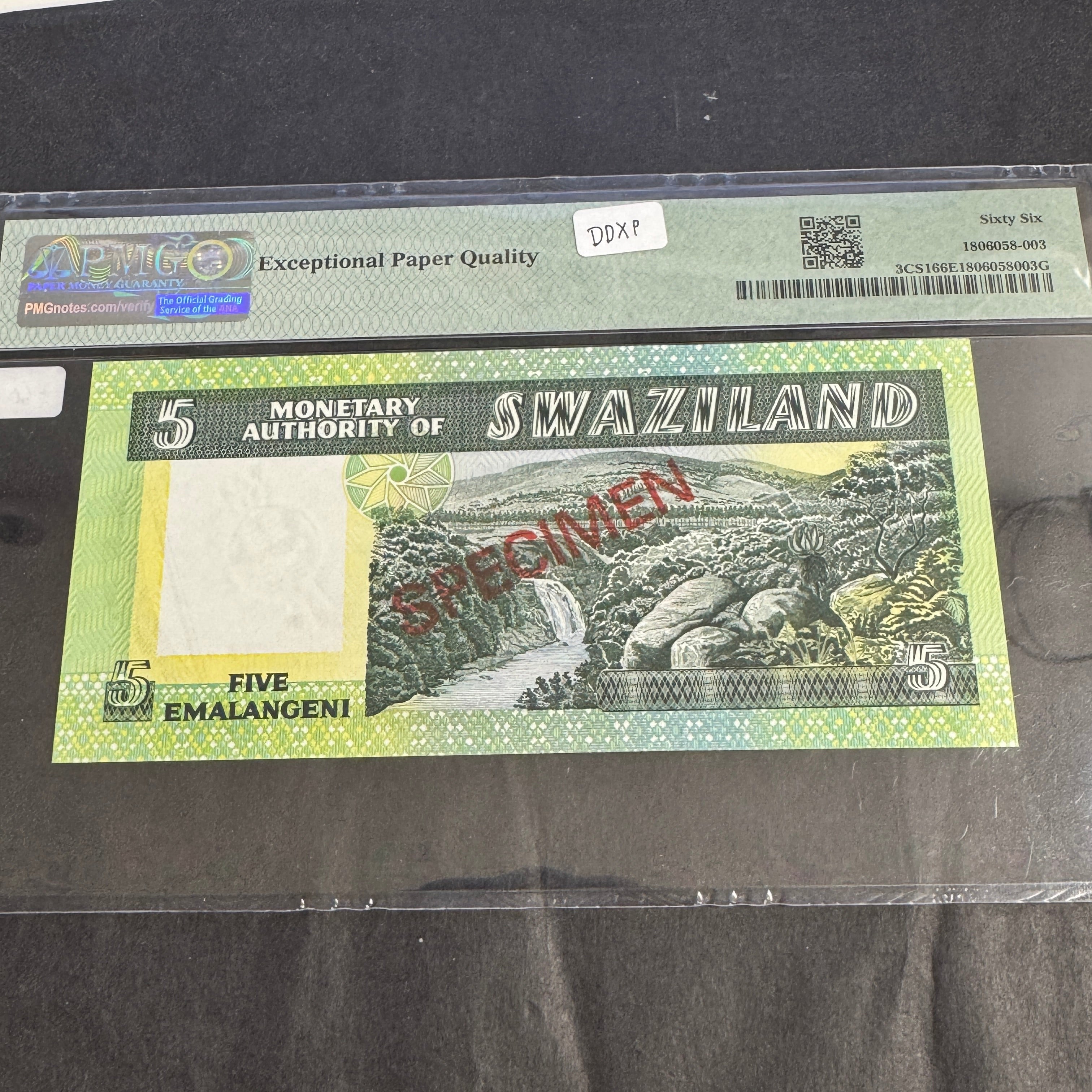 (1974) Swaziland 5 Emalangeni SPECIMEN Banknote, P#3CS1, PMG 66 Gem Unc EPQ