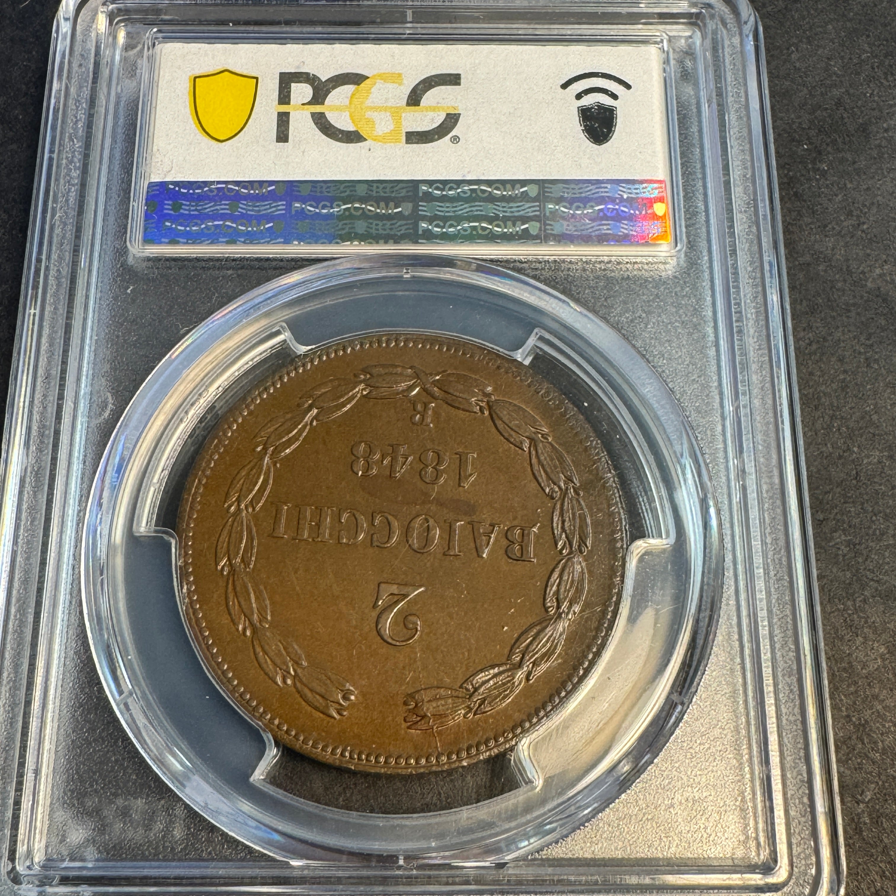 1848-R Papal States 2 Baiocchi AE, Pius IX Anno III, PCGS MS-64 BN🇻🇦Top Pop 1/0 🏆