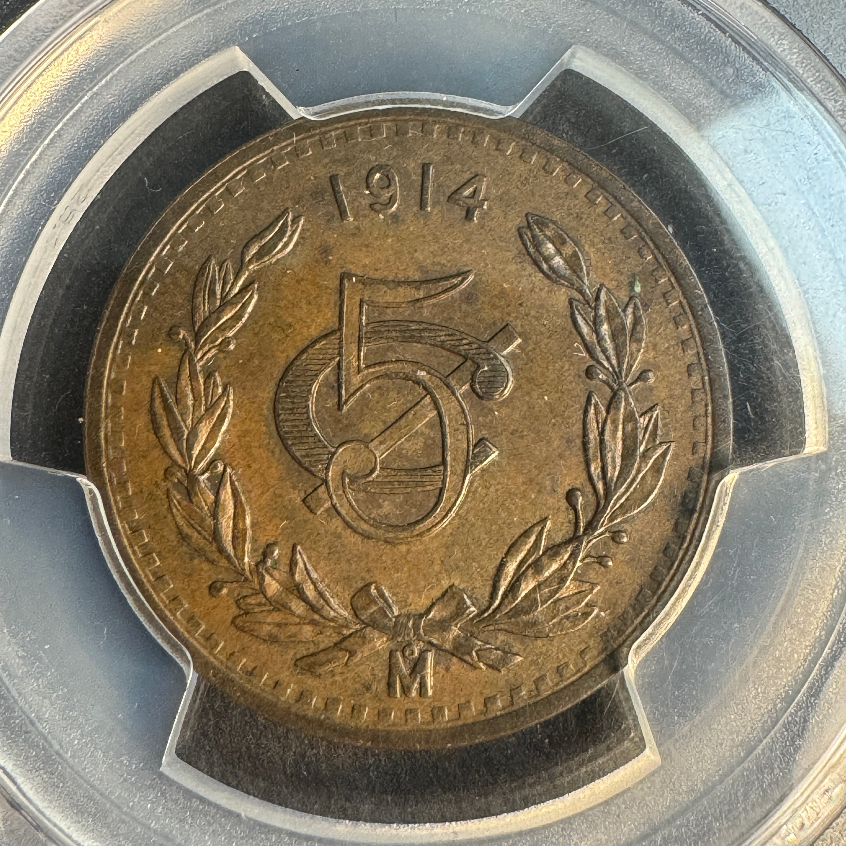 1914 Mo Mexico Æ 5 Centavos, Km-422, PCGS MS-64 BN, ex Almer J. Orr III Collection