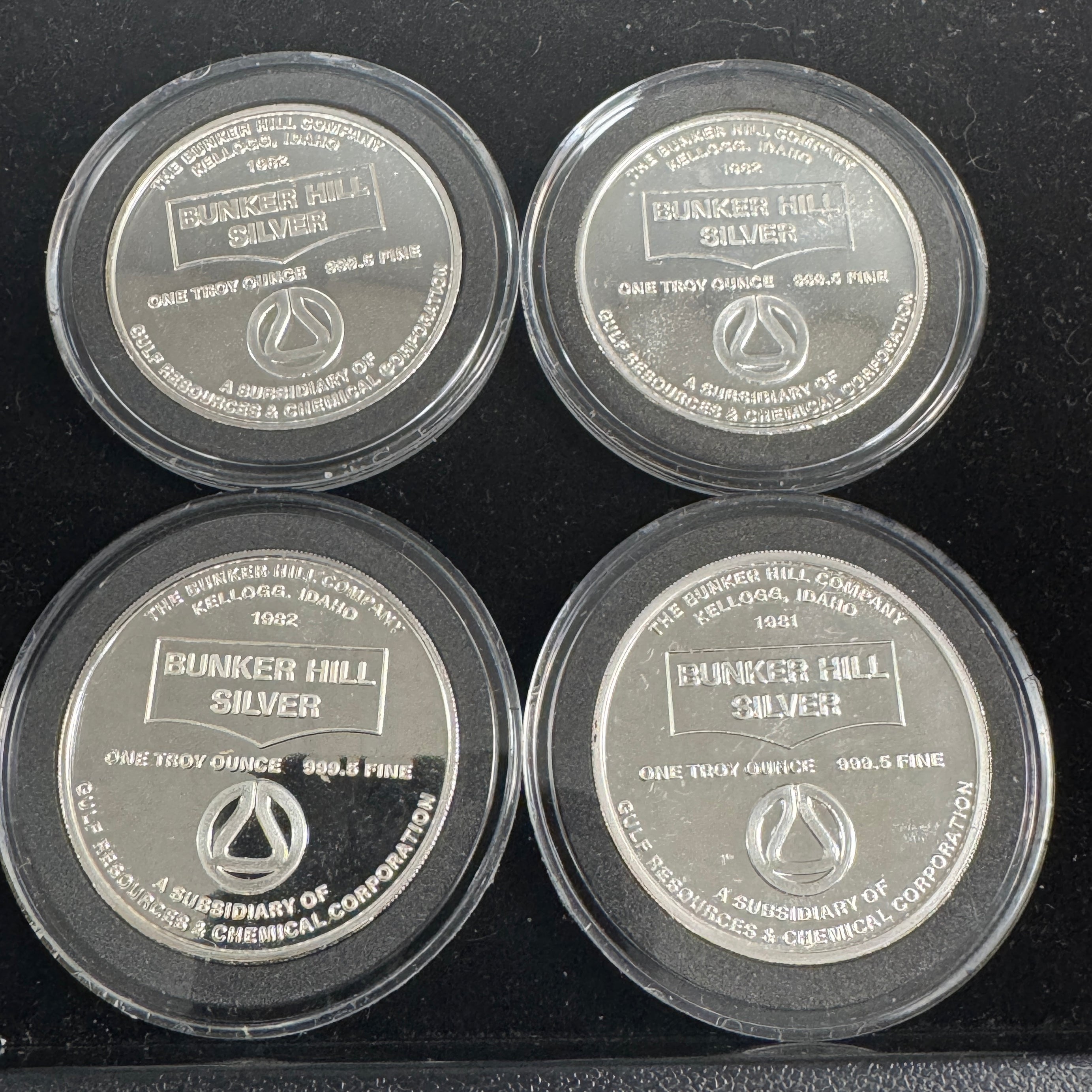 (4) Bunker Hill Silver 1oz Rounds, 1980s vintage mining set