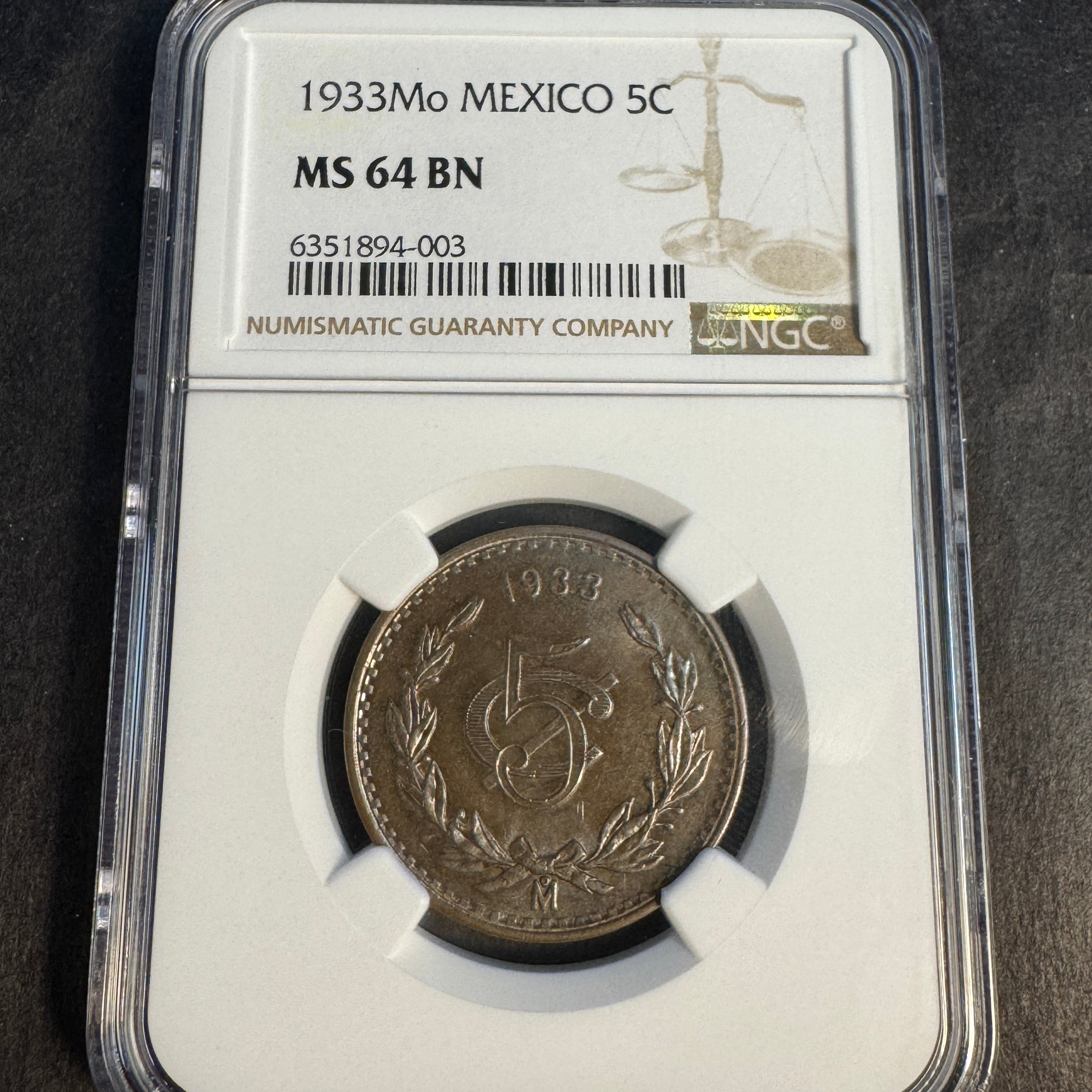 1933 Mo Mexico 5 Centavos, NGC MS-64 BN 🇲🇽 Pop 9/6