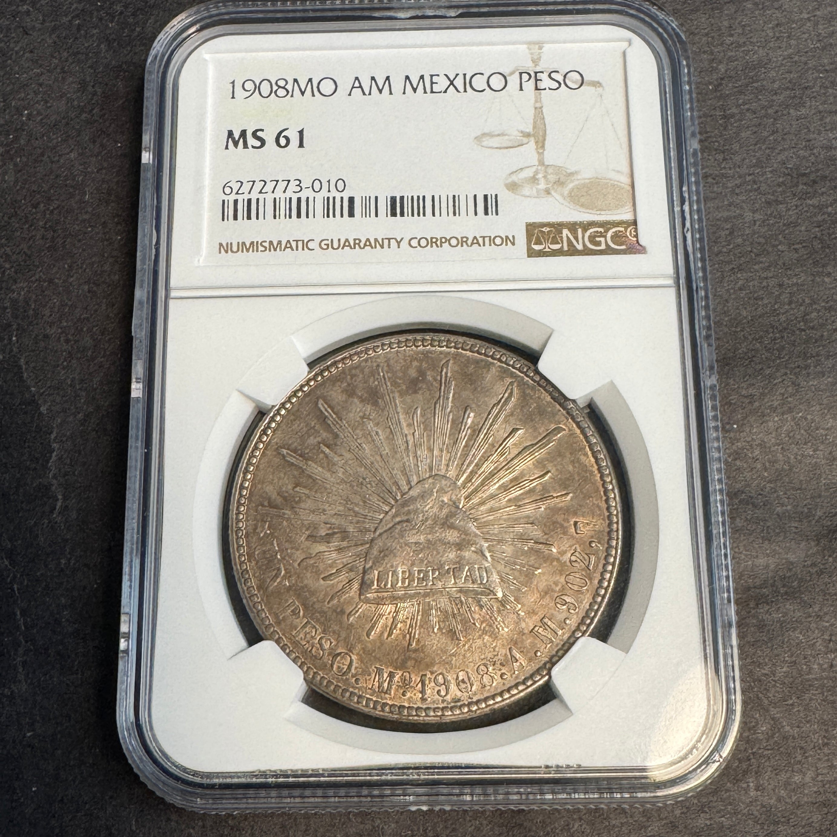 1908 Mo-AM Mexico Cap & Rays Peso, NGC MS-61 🇲🇽