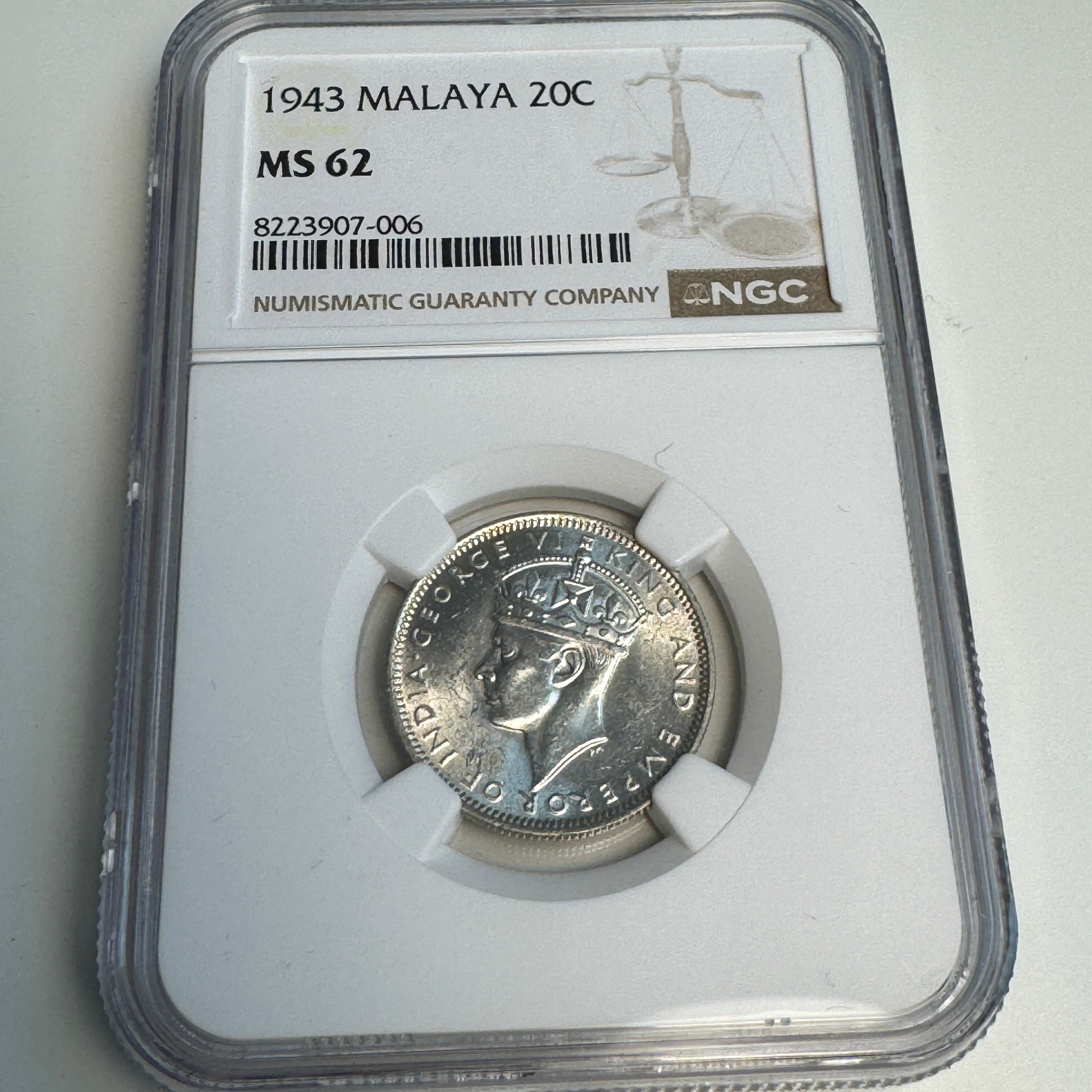 1943 Malaya (British) AR 20 Cents, NGC MS-62