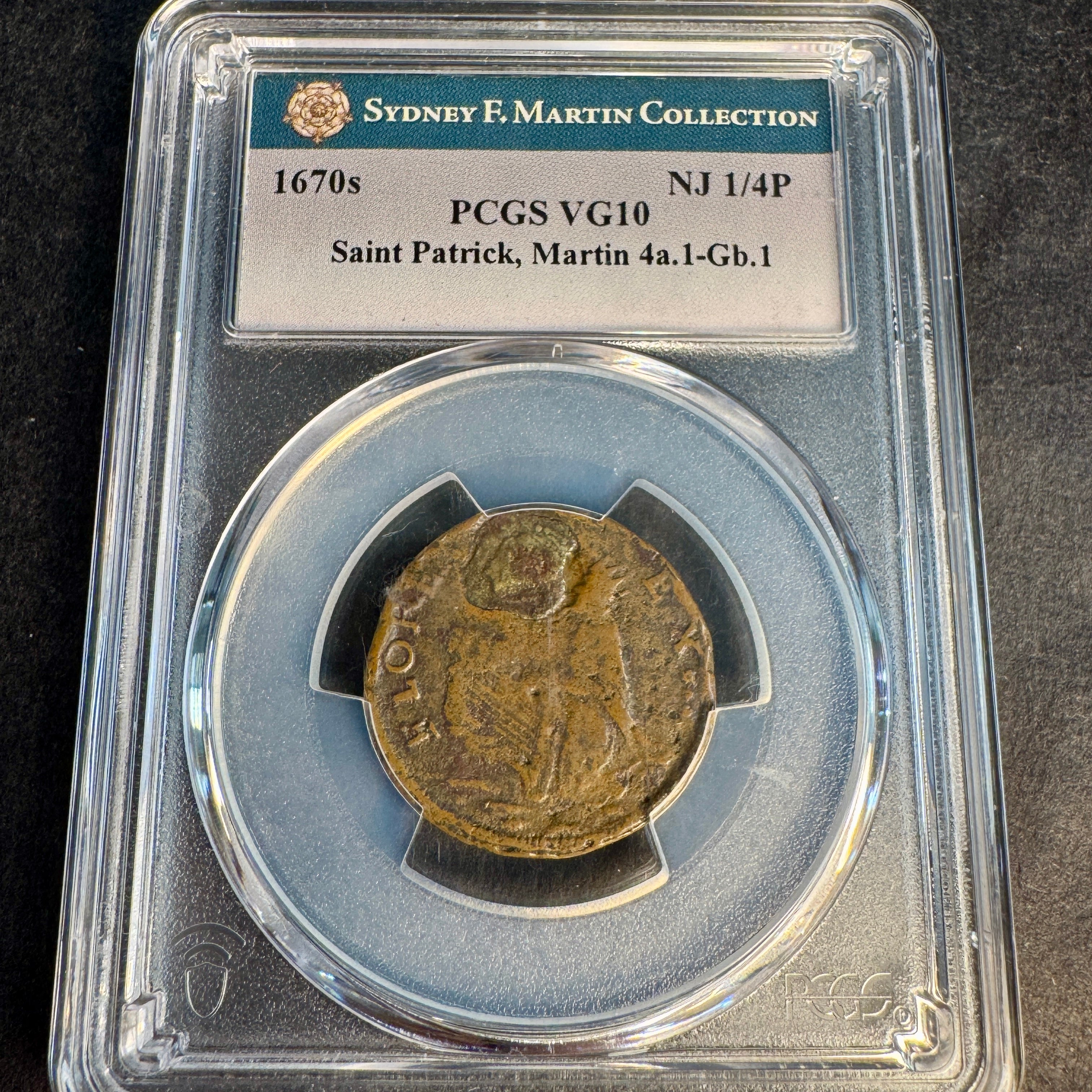 1670s New Jersey Saint Patrick Farthing, Martin 4a.1-Gb.1, PCGS VG-10 ☘️