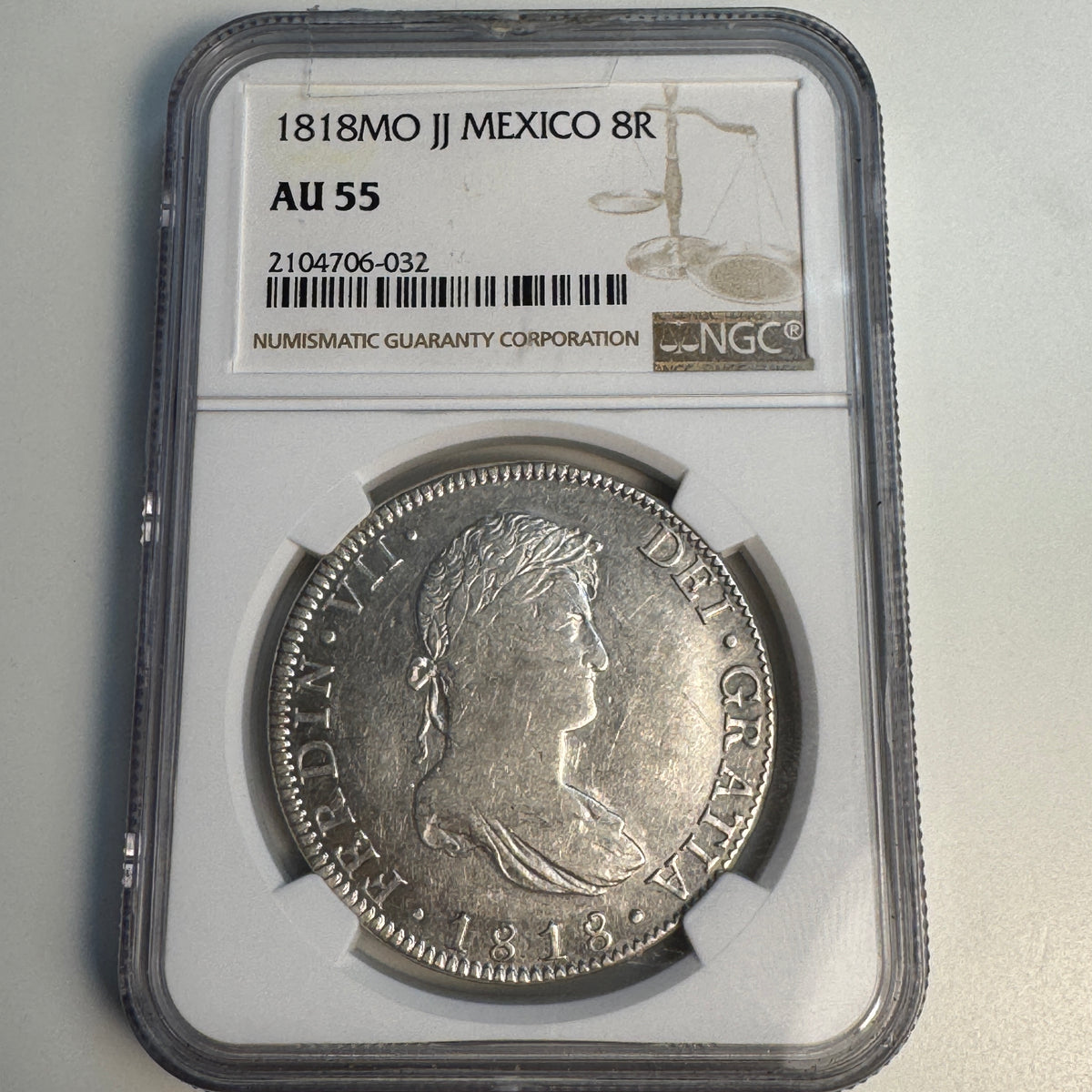 1818 Mo-JJ Mexico 8 Reales, Ferd. II, NGC AU-55