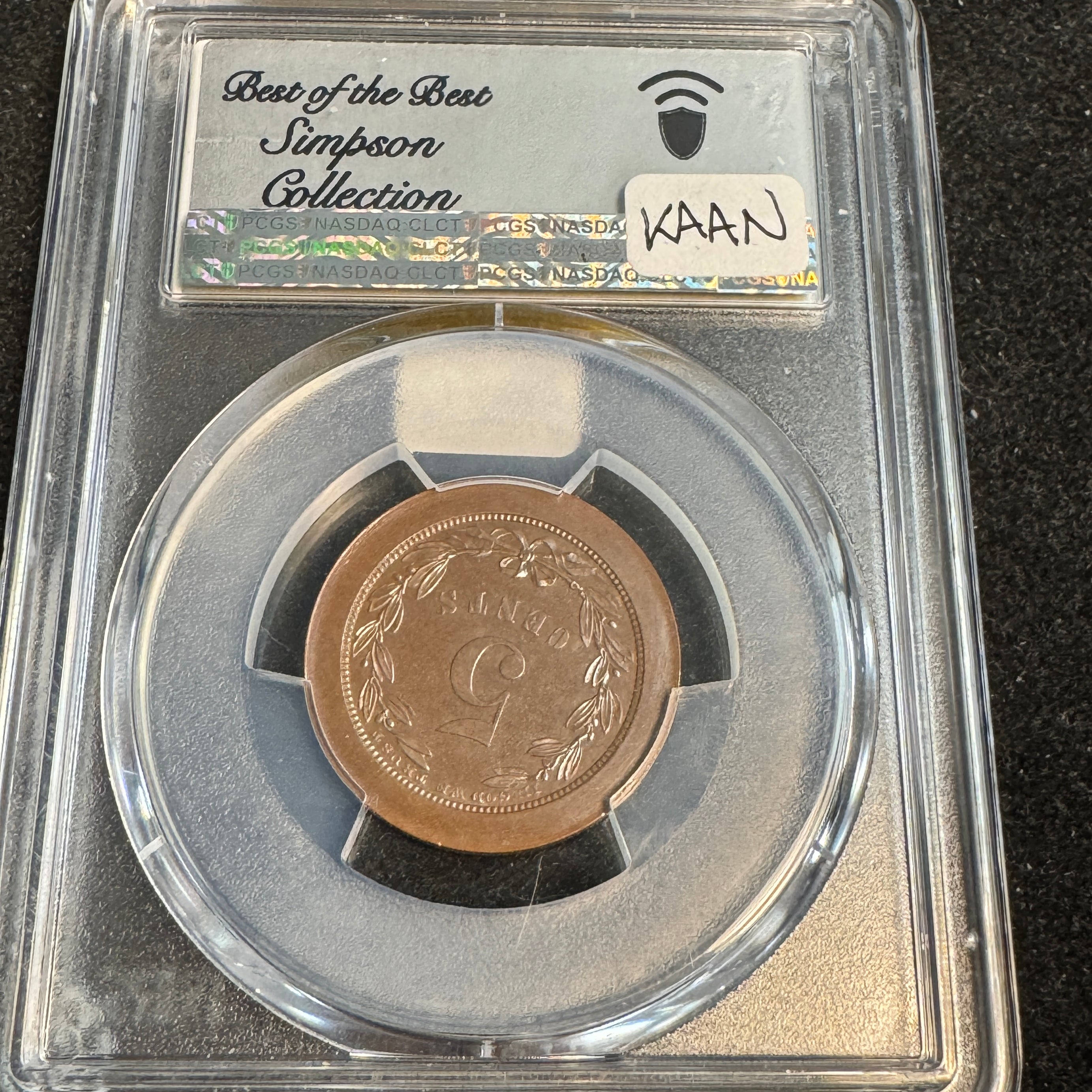 1868 5-Cent Copper Pattern J-627, PCGS PR-64 BN Green CAC, Ex-Simpson