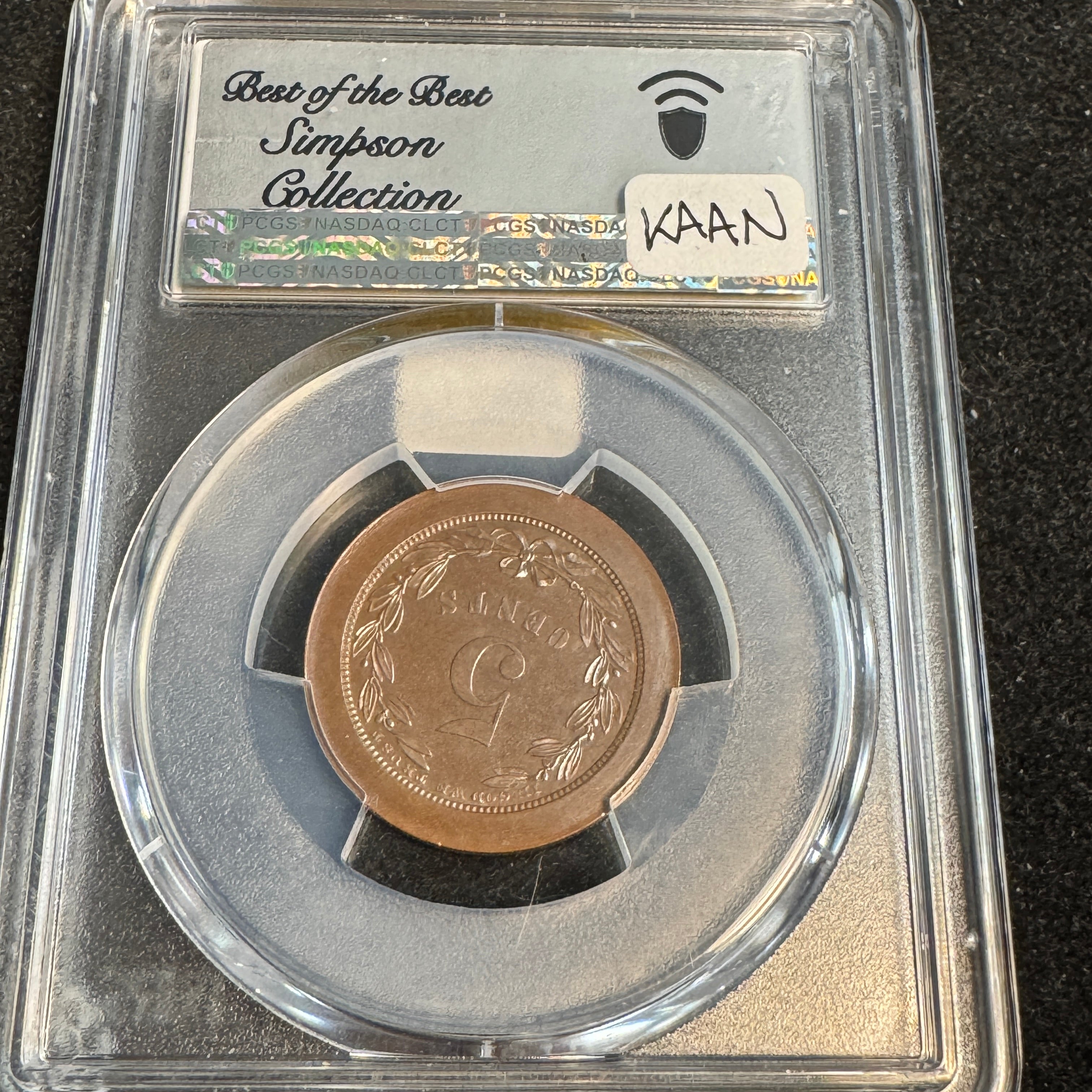 1868 5-Cent Copper Pattern J-627, PCGS PR-64 BN Green CAC, Ex-Simpson