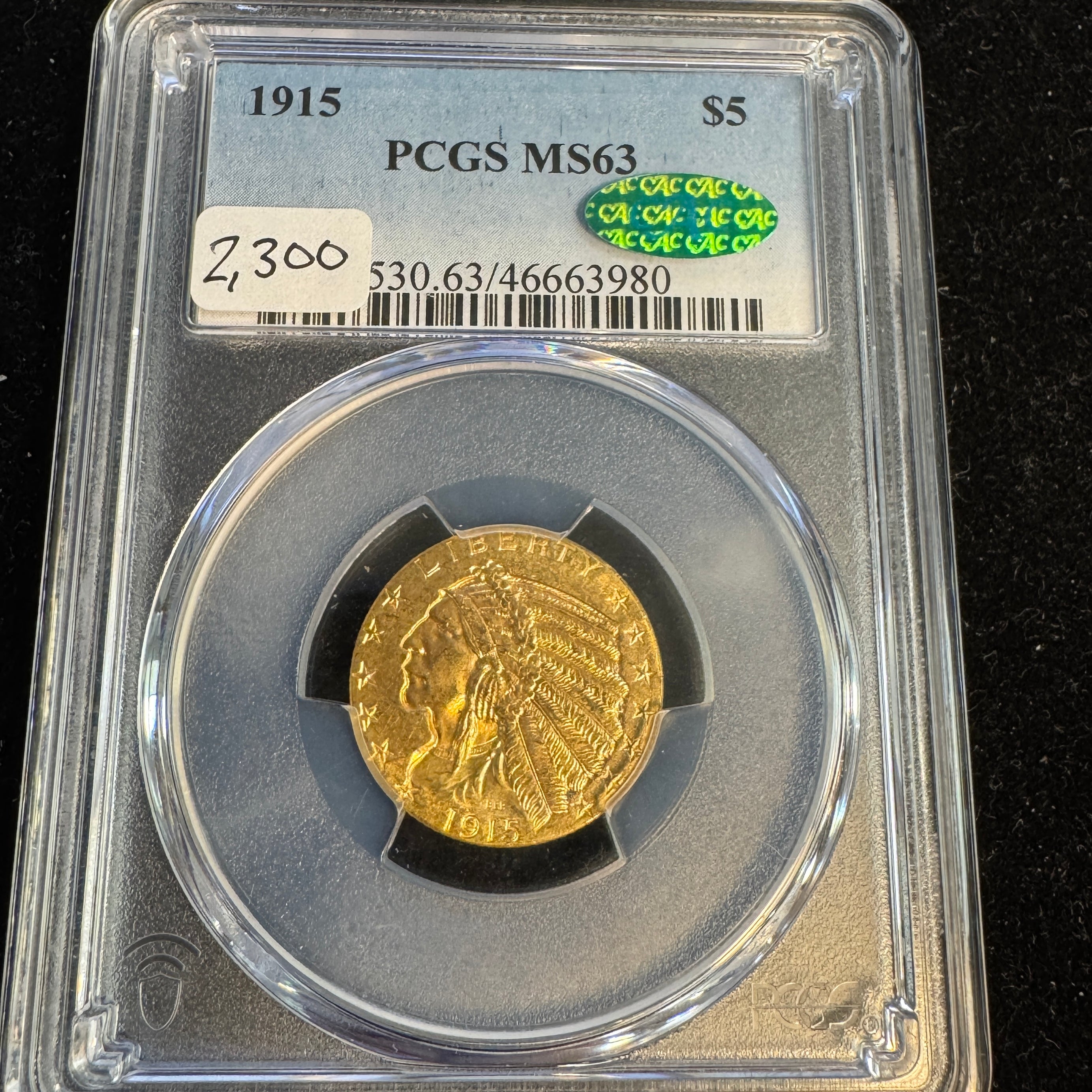 1915 Indian Head $5 US Gold, PCGS MS-63 Green CAC Approved