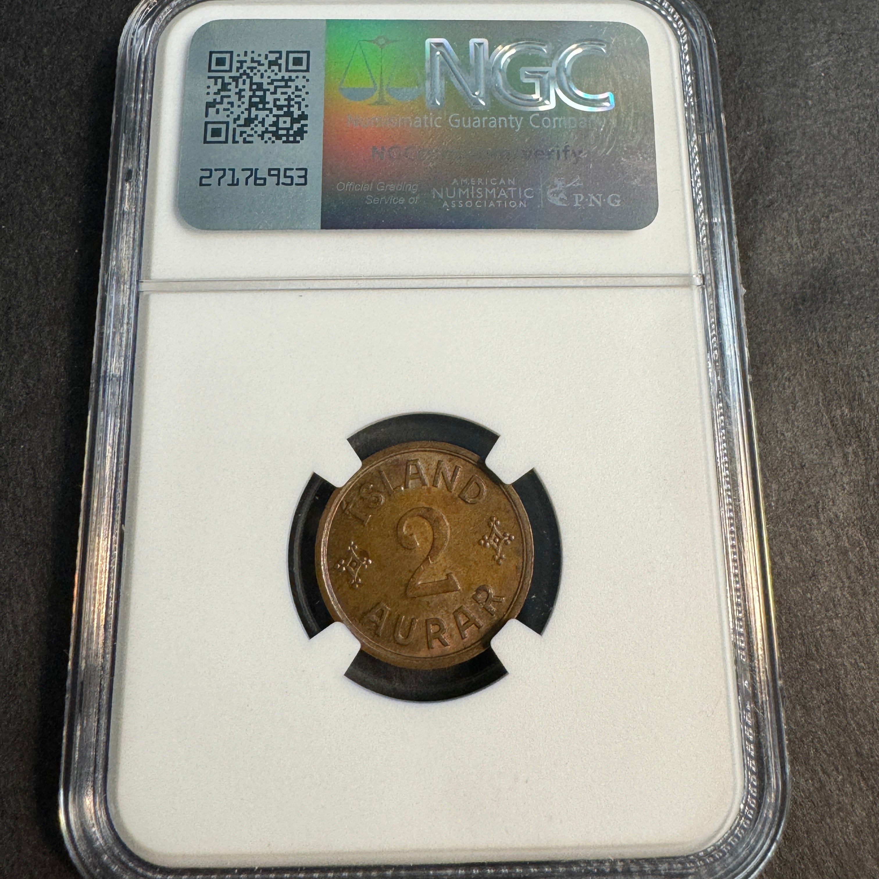 1942 Iceland 2 Aurar, Christian X, NGC MS-63 BN 🇮🇸