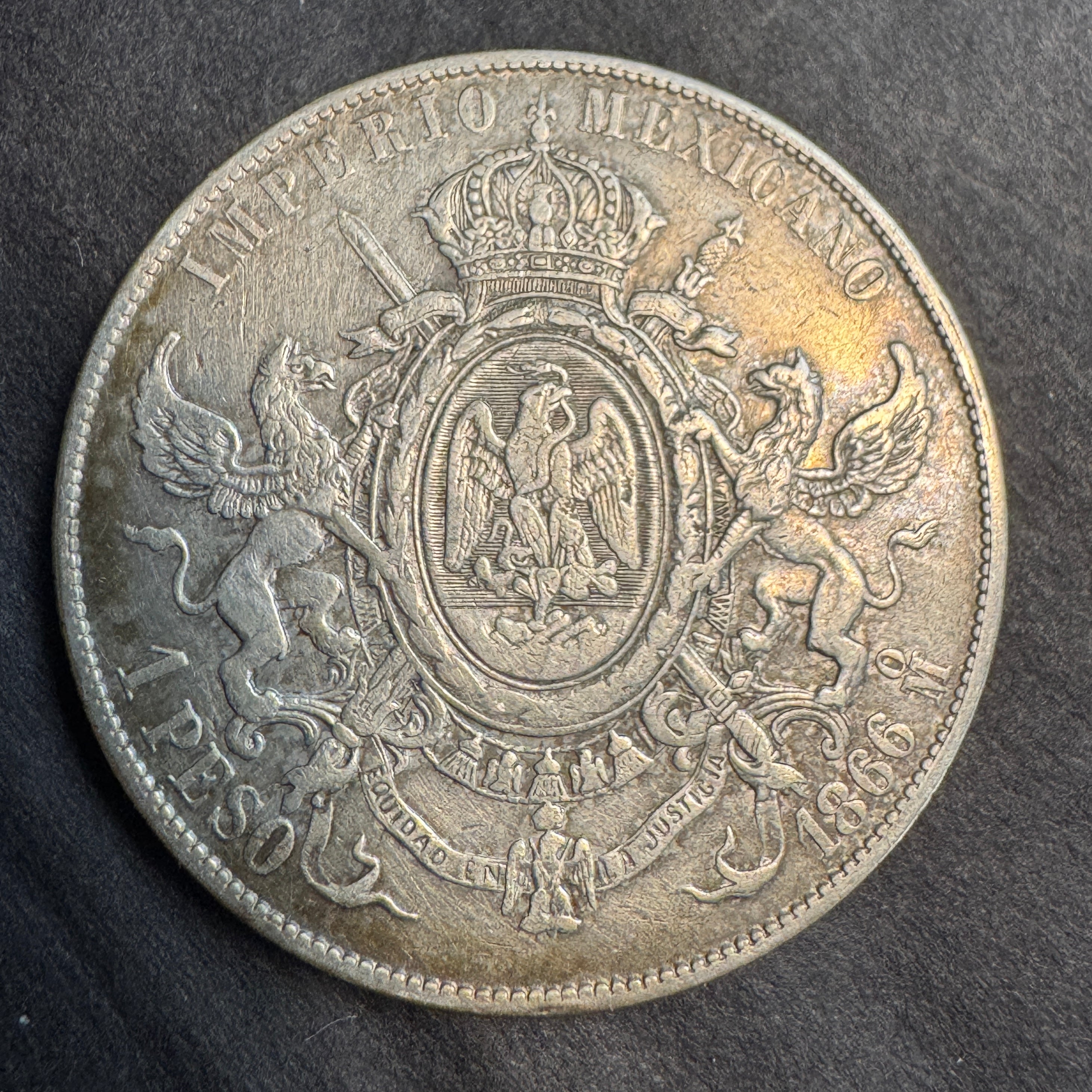 1866-Mo Empire of Maximillian Silver Peso, lightly toned XF/AU