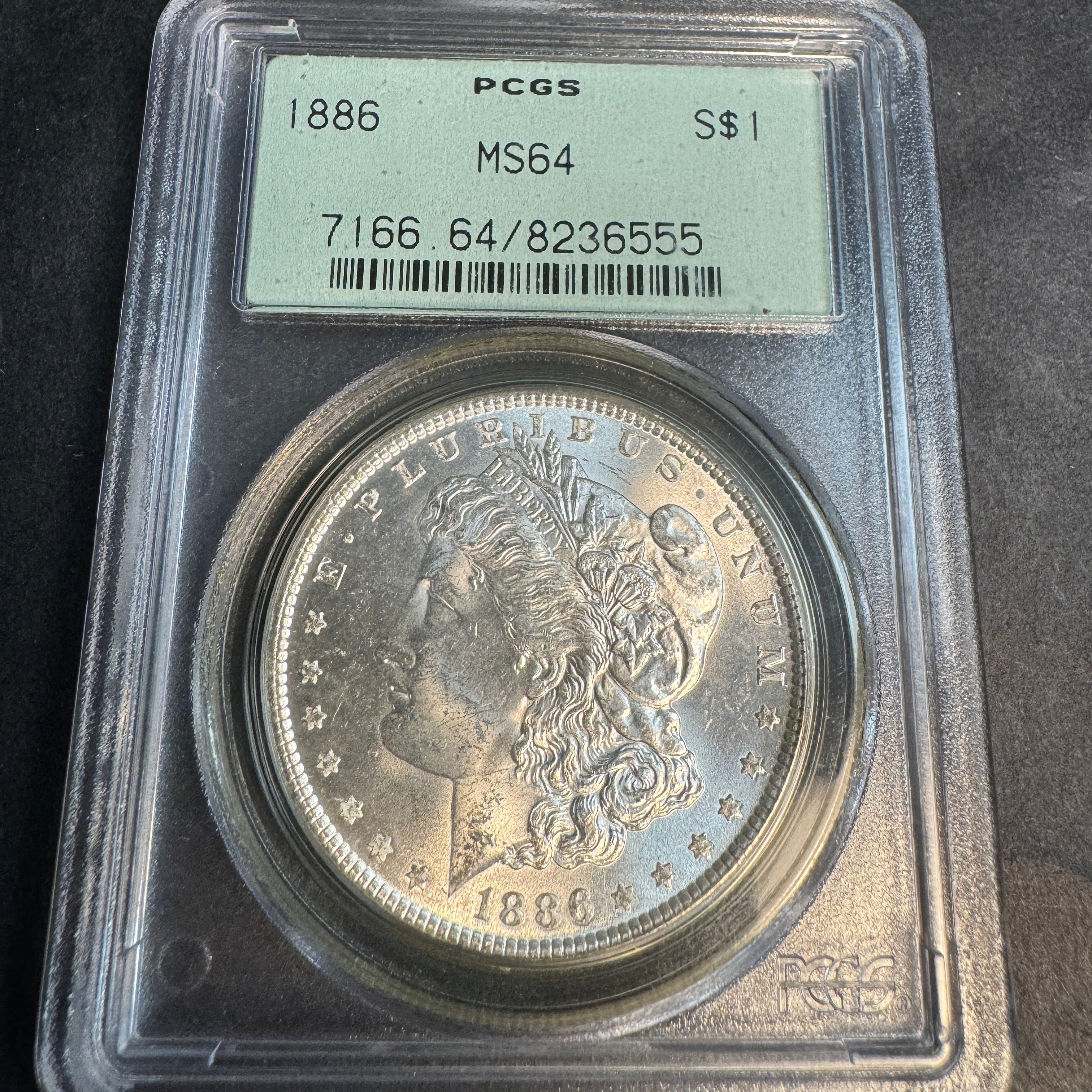 1886 (P) Morgan Silver Dollar, “Old Green” PGCS MS-64