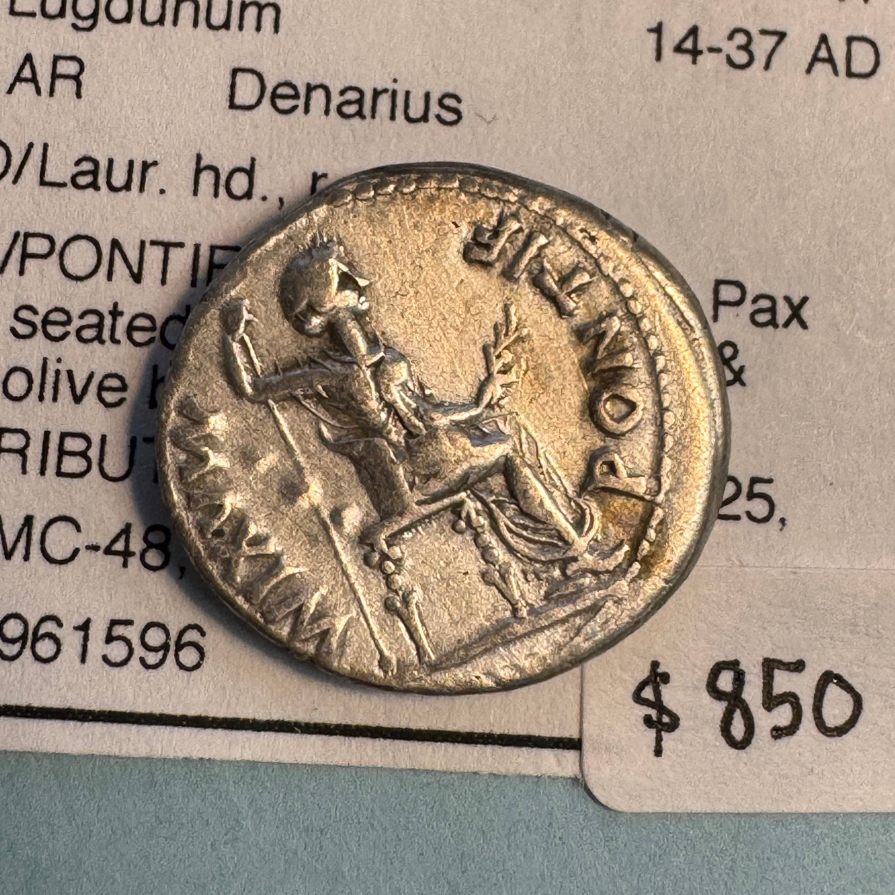 Tiberius (14-37 AD) AR Denarius, “Tribute Penny”, Roman Imperial, Rx: PAX seated rt. “Potif Maxim”