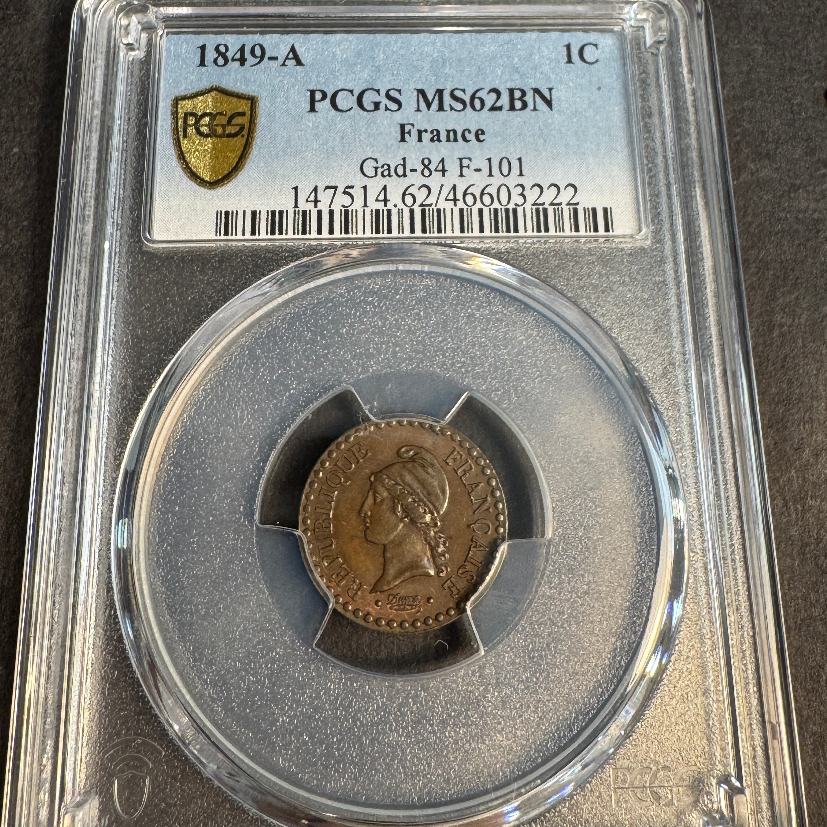 1849-A France Republic 1 Centime, PCGS MS-62 BN 🇫🇷