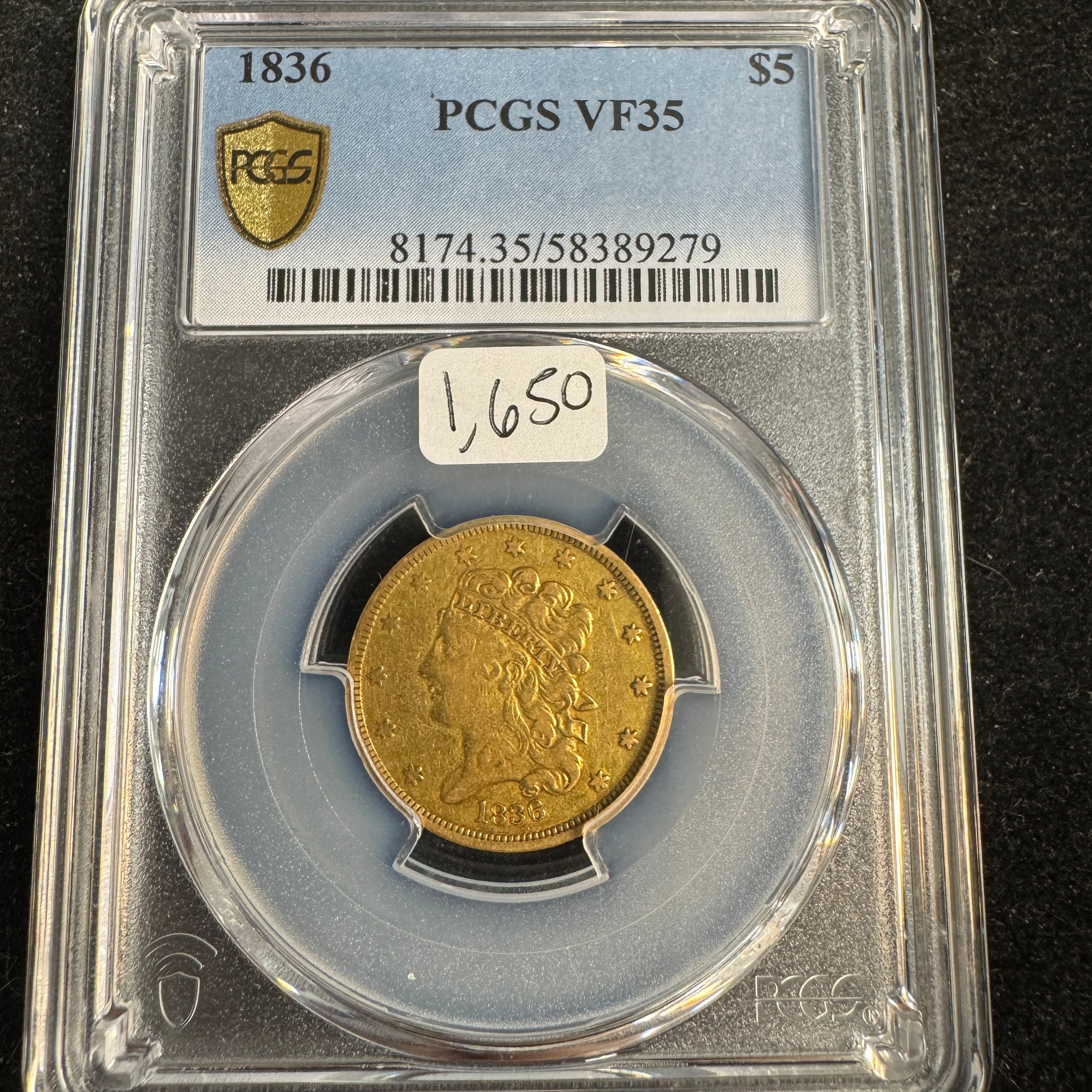 1836 Classic Head $5 Half Eagle Gold, PCGS VF-35