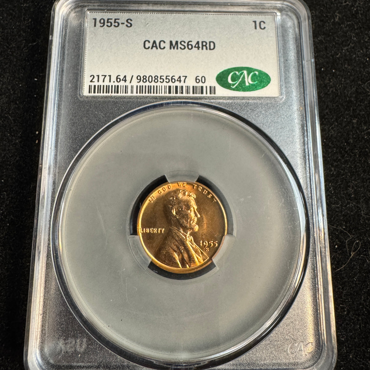 1955-S Lincoln Wheat 1c, CAC MS-64 RD