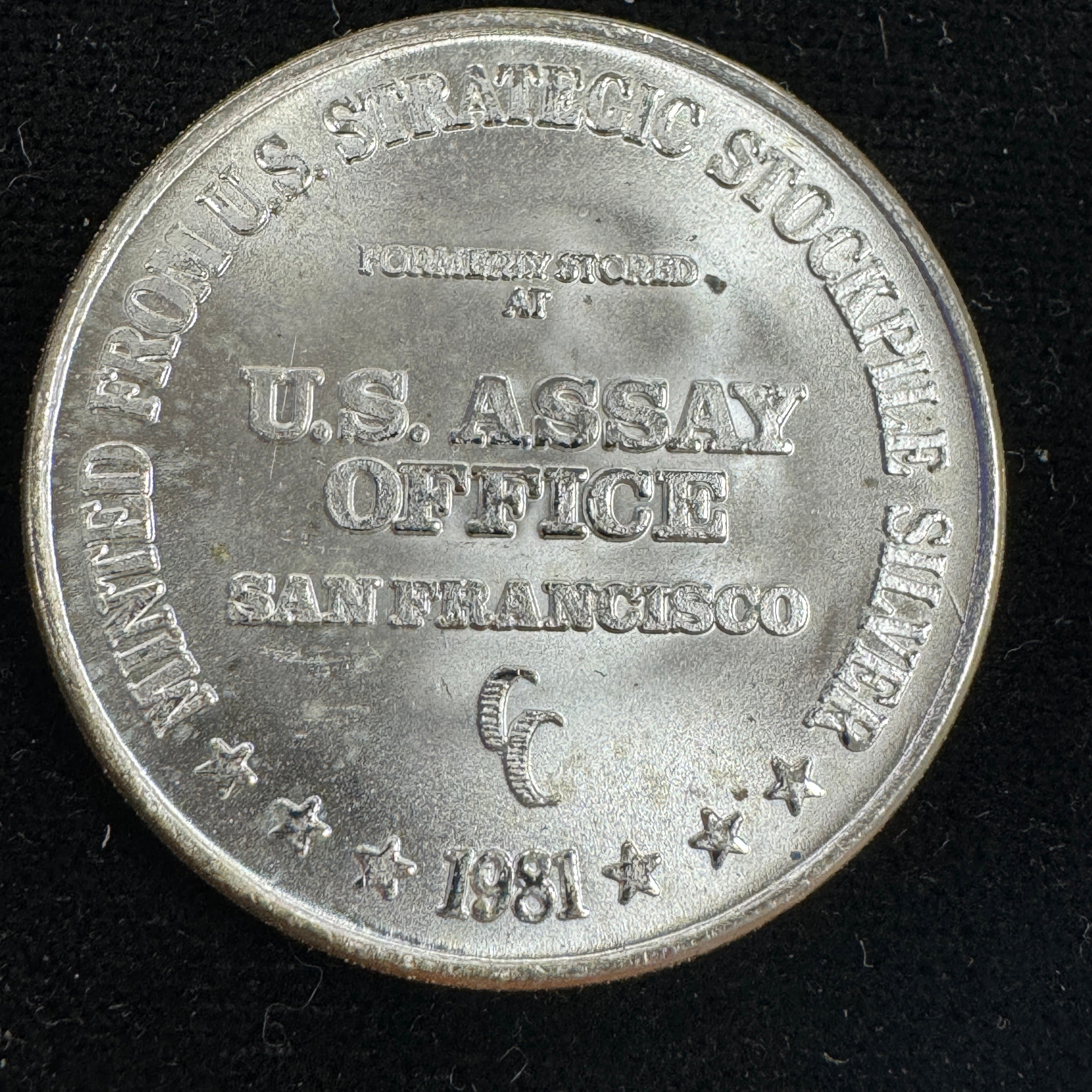 1981 California Crown 1oz 999 silver round, struck from US Assay Office Strategic Stockpile.