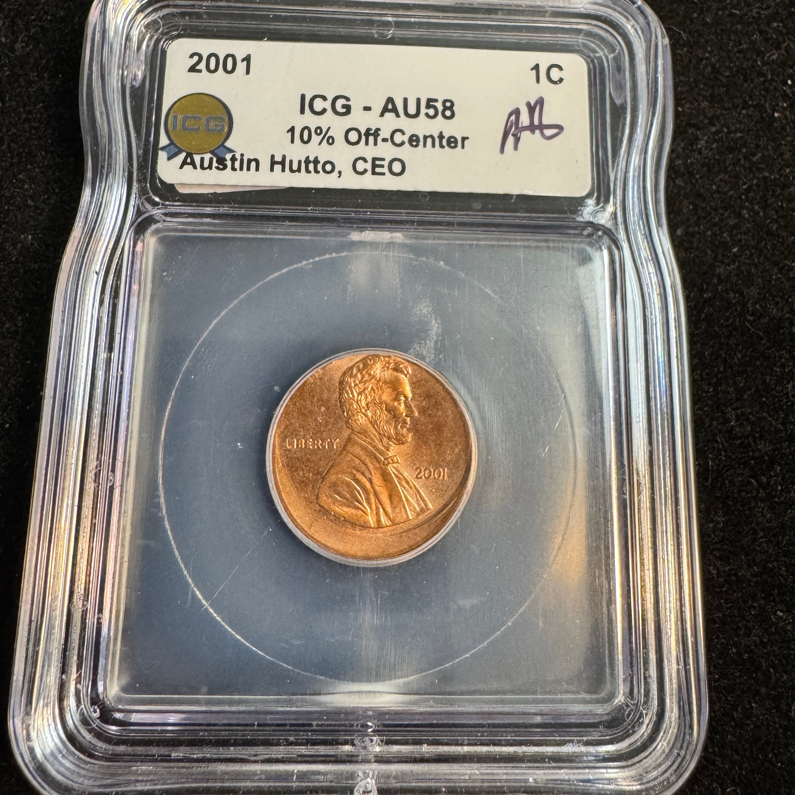 2001 Lincoln Cent 1c Mint Error 10% Off-Center Strike - ICG AU-58