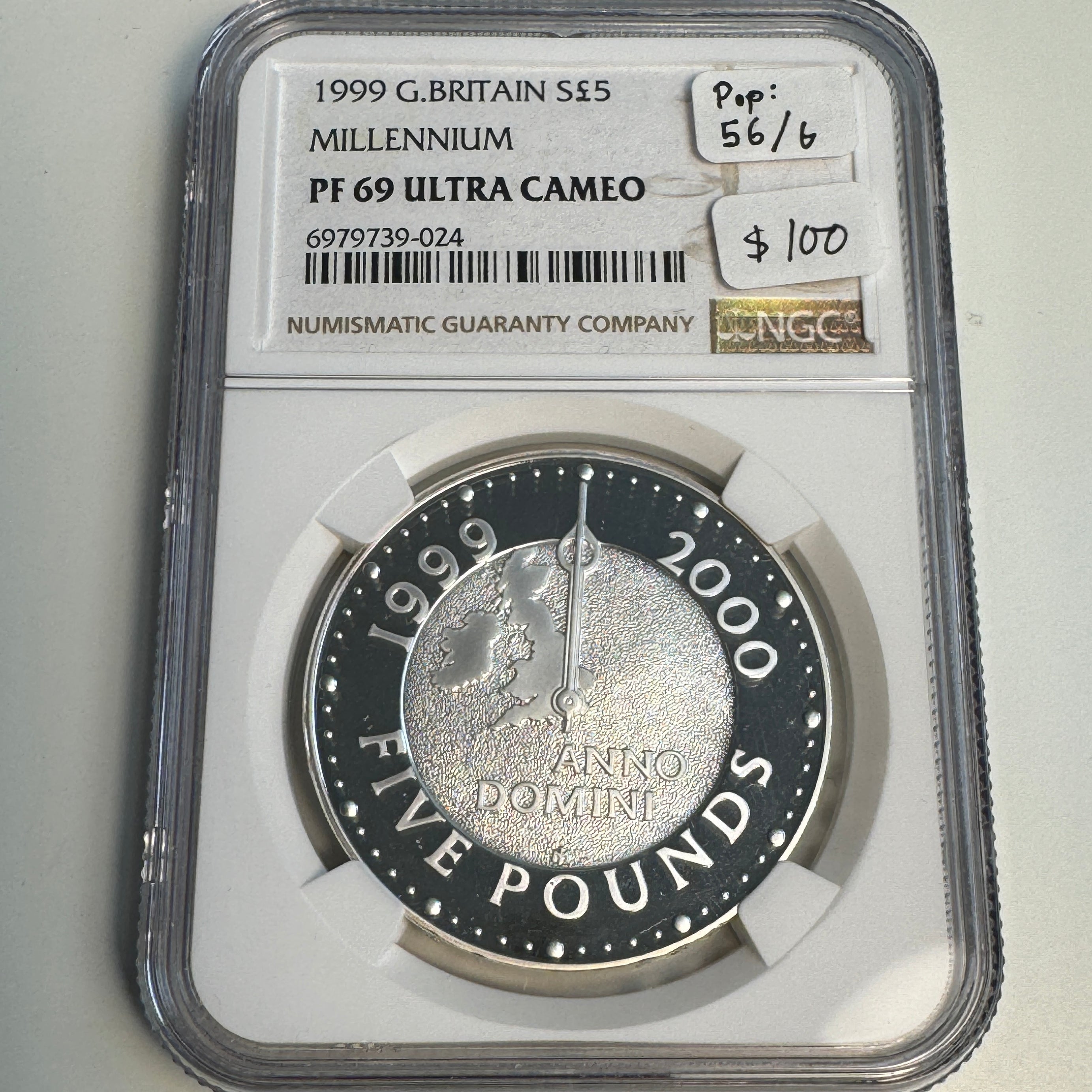 1999-2000 Great Britain Silver £ 5 Millennium Crown, NGC PF-69 Ultra Cameo, Pop 56/6