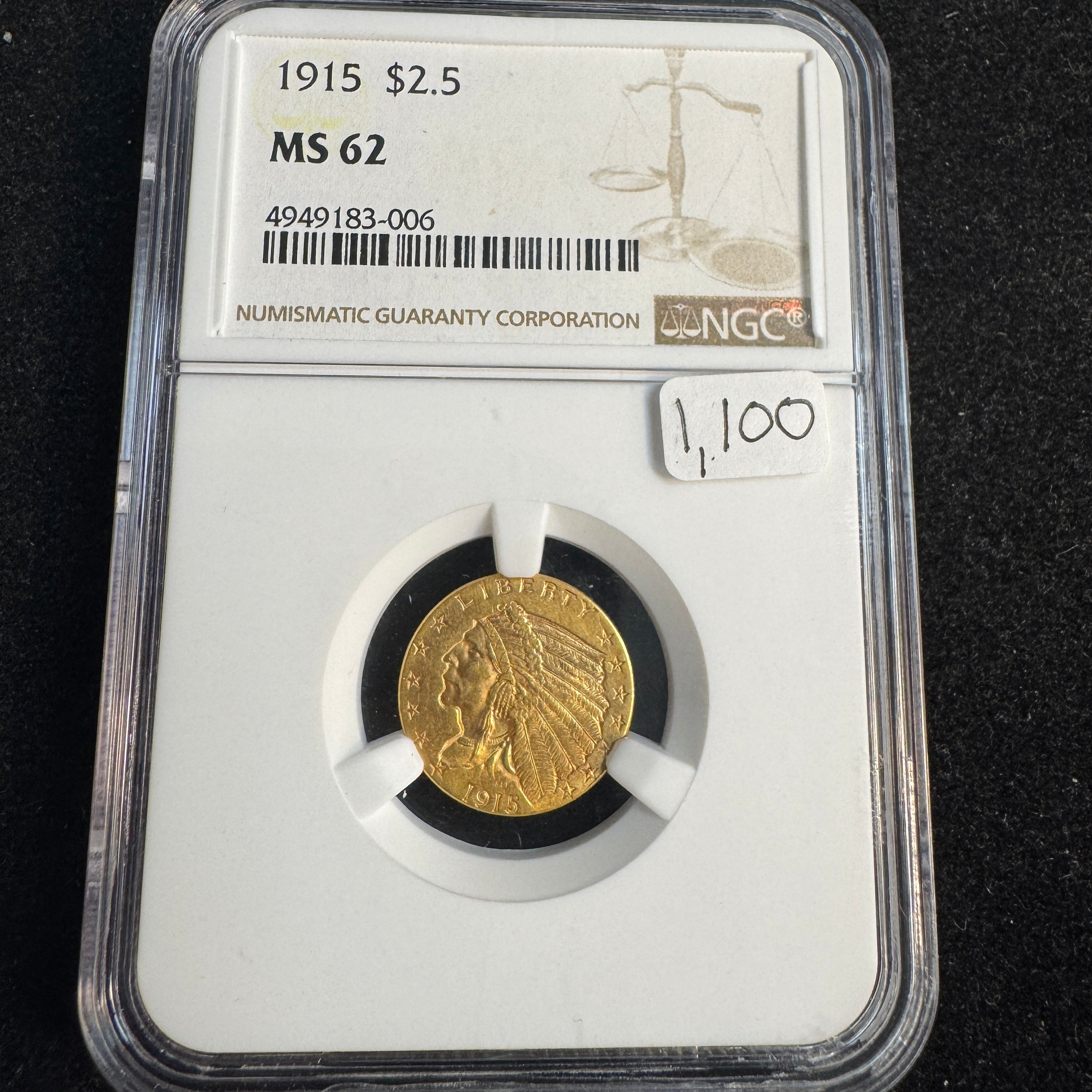 1915 Indian Head $2.50 Dollars Gold, NGC MS-62