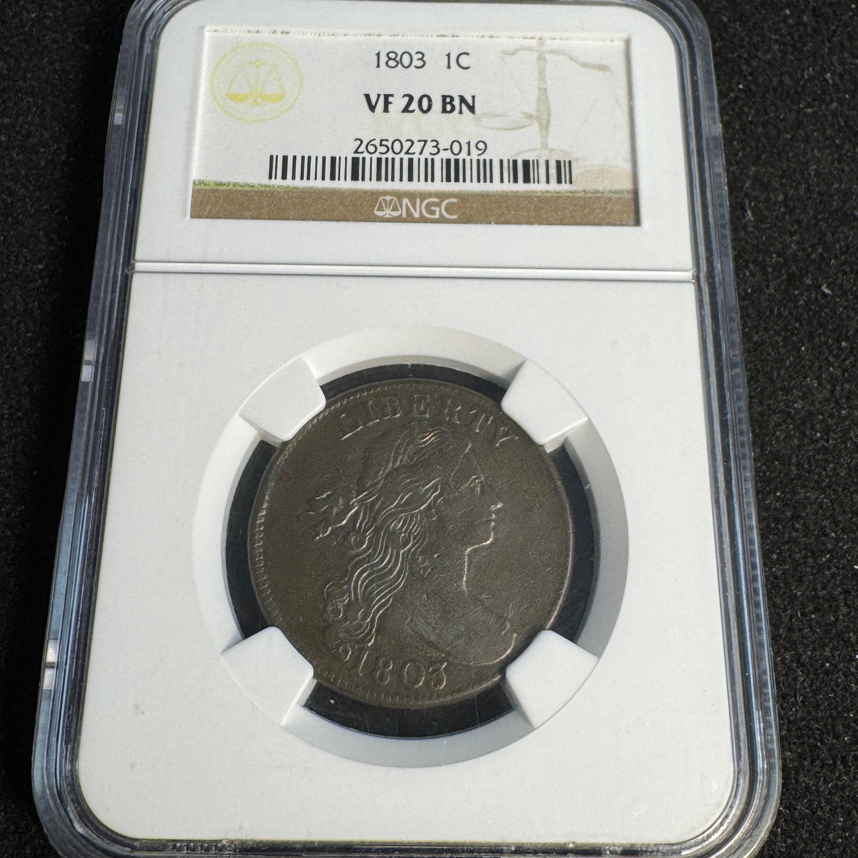 1803 Draped Bust Cent 1C, NGC VF-20 BN