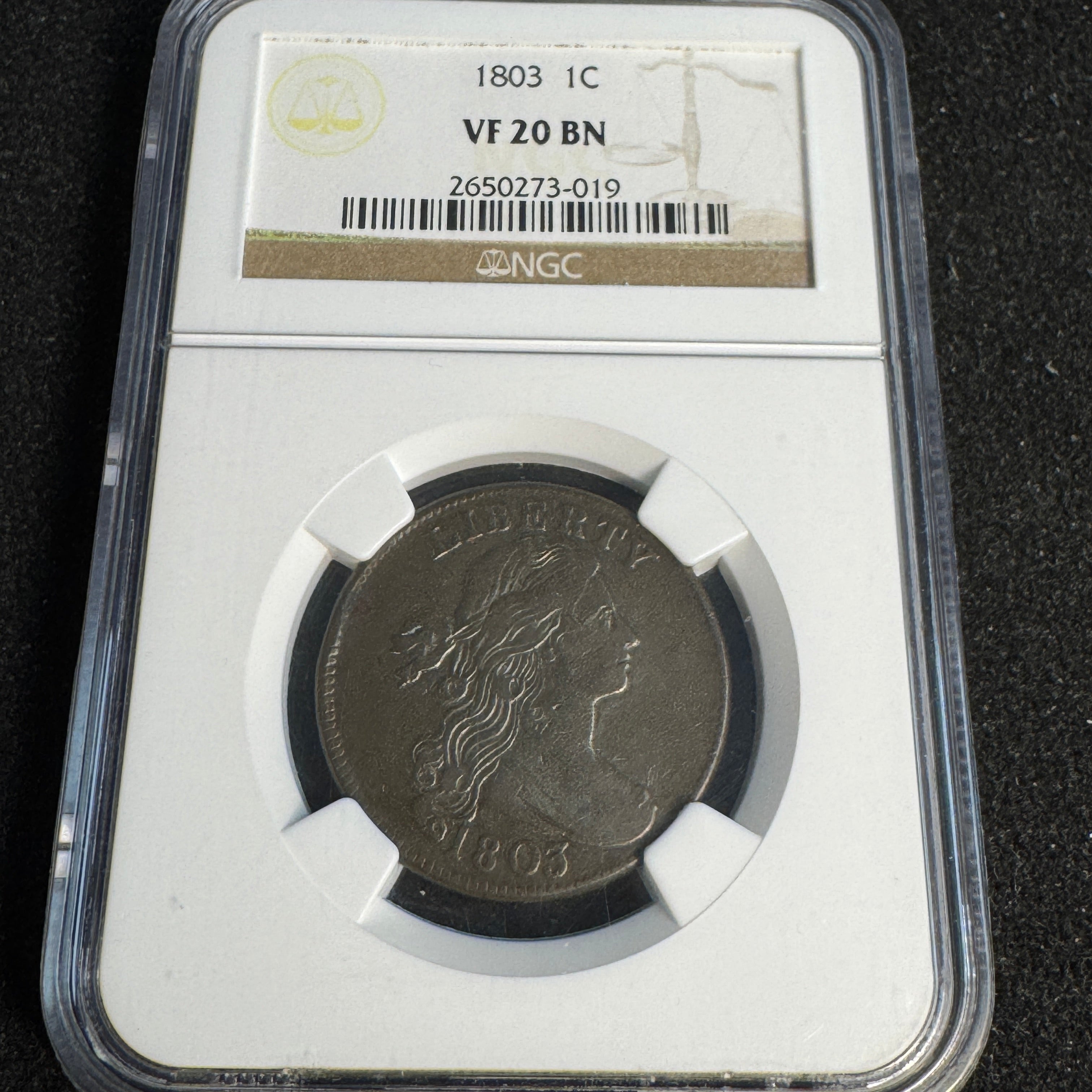 1803 Draped Bust Cent 1C, NGC VF-20 BN