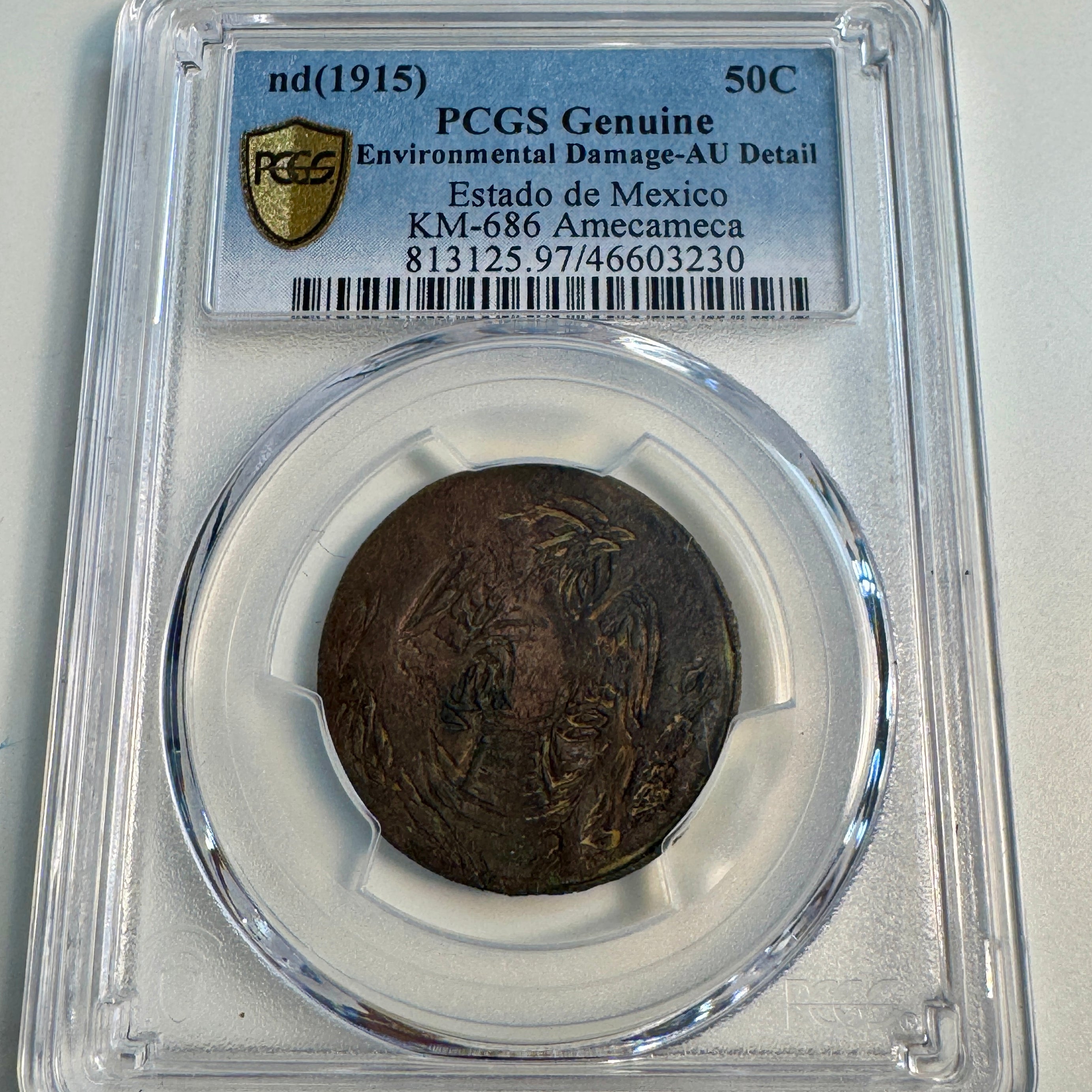 (1915) Mexico AE 50 Centavos, Amecameca. KM-686, PCGS AU Details (Env.)
