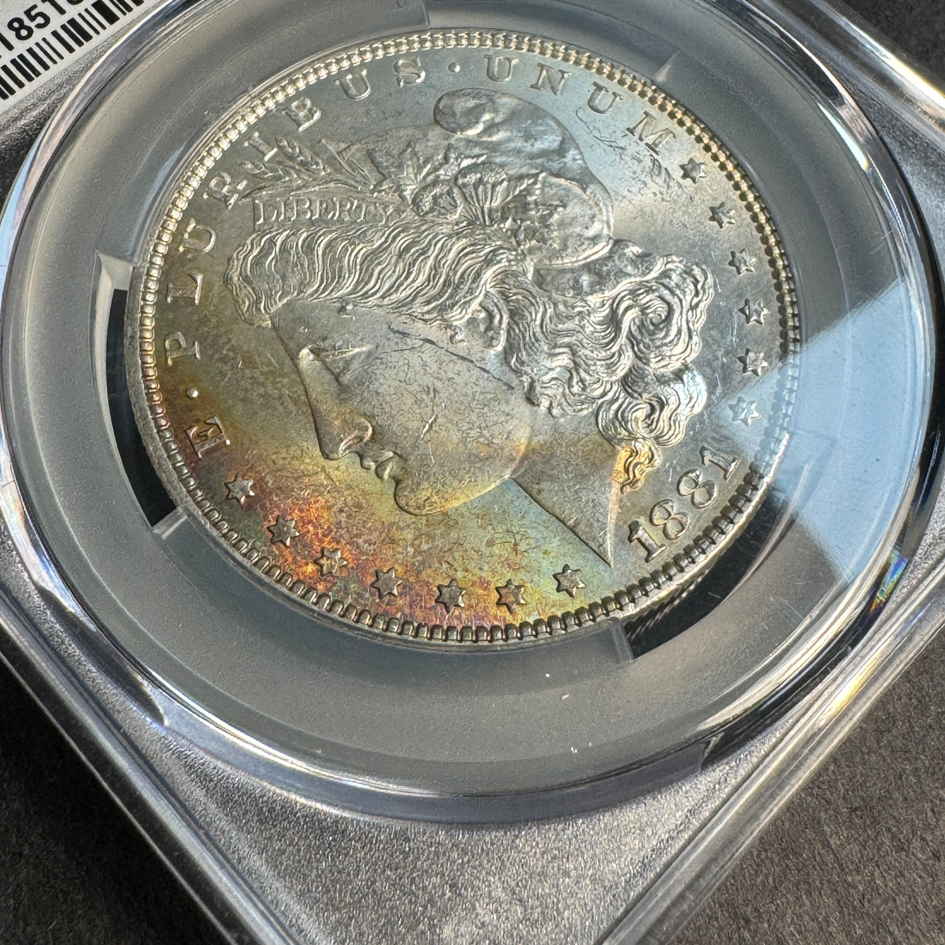 1881 Morgan Silver Dollar US$1, Obverse Rainbow Toning, CAC MS-63