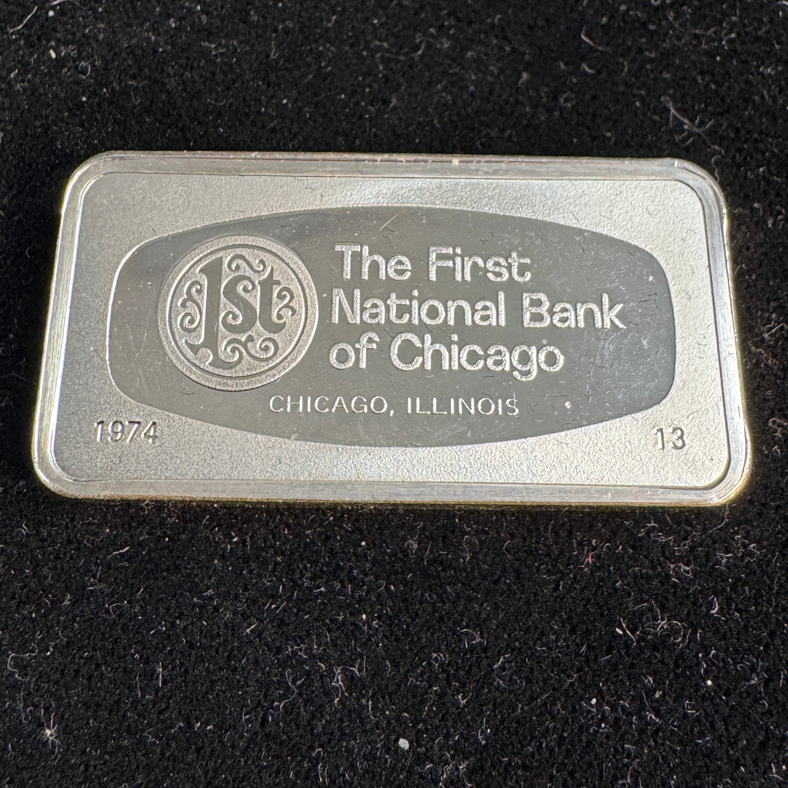 1974-FM First National Bank of Chicago 1000 Grains Sterling Silver Bar
