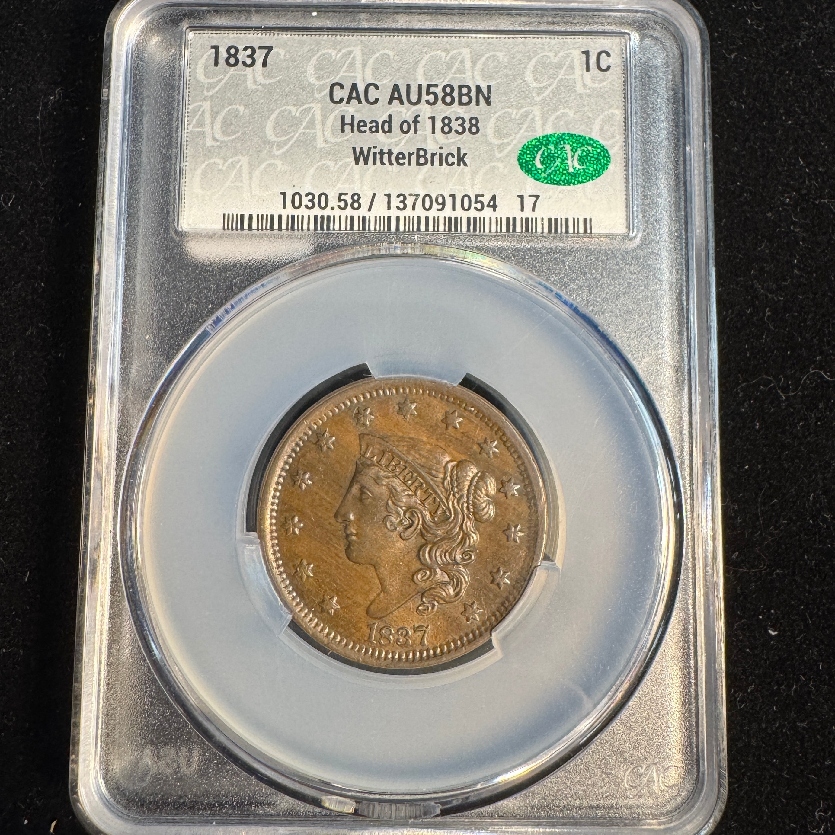 1837 (Head of 1838) Braided Hair Large Cent US 1c, CAC AU-58 - WitterBrick