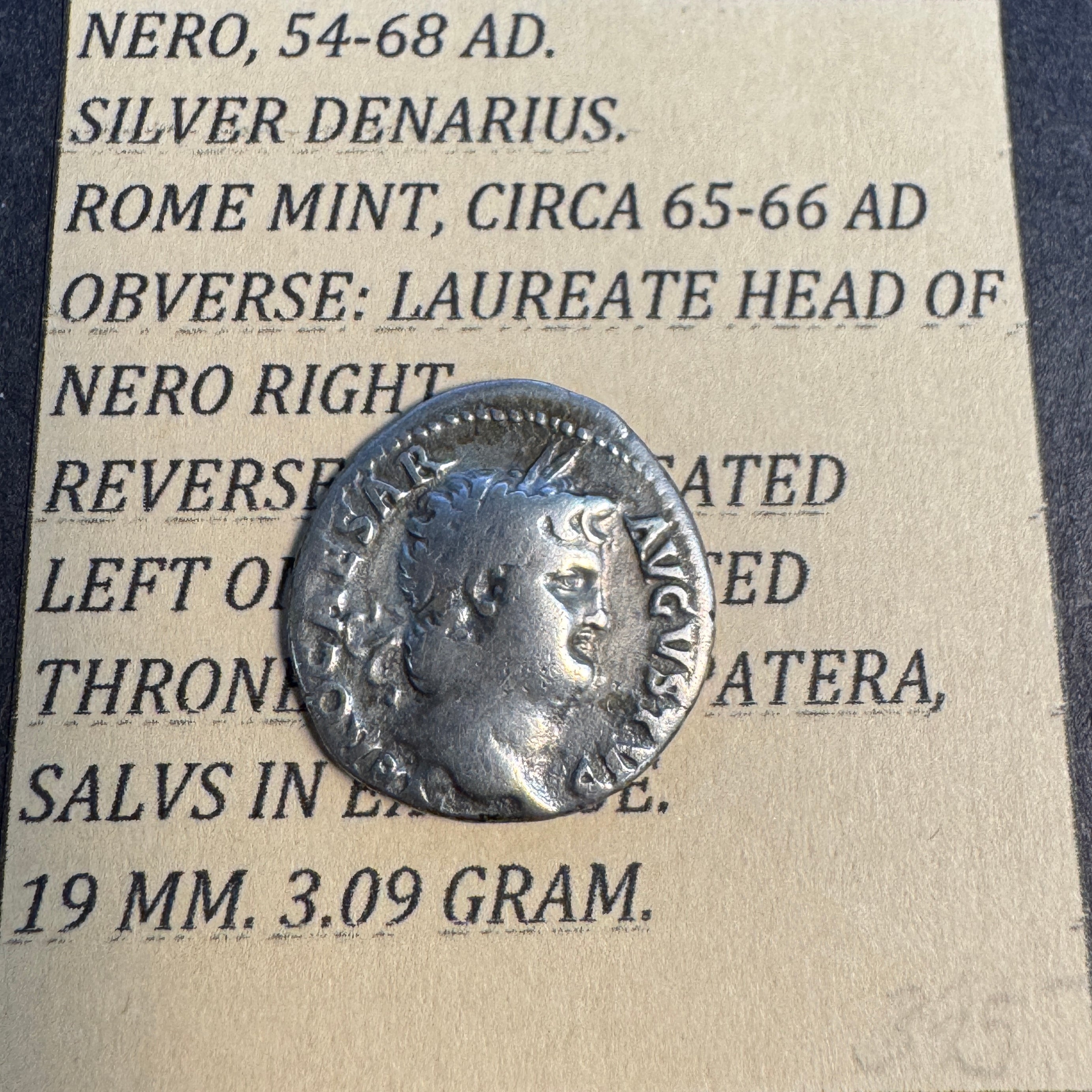 NERO Caesar Augustus, Roman Empire Silver Denarius, 65-66 A.D. Rome Mint, Rv: Salus, Fine
