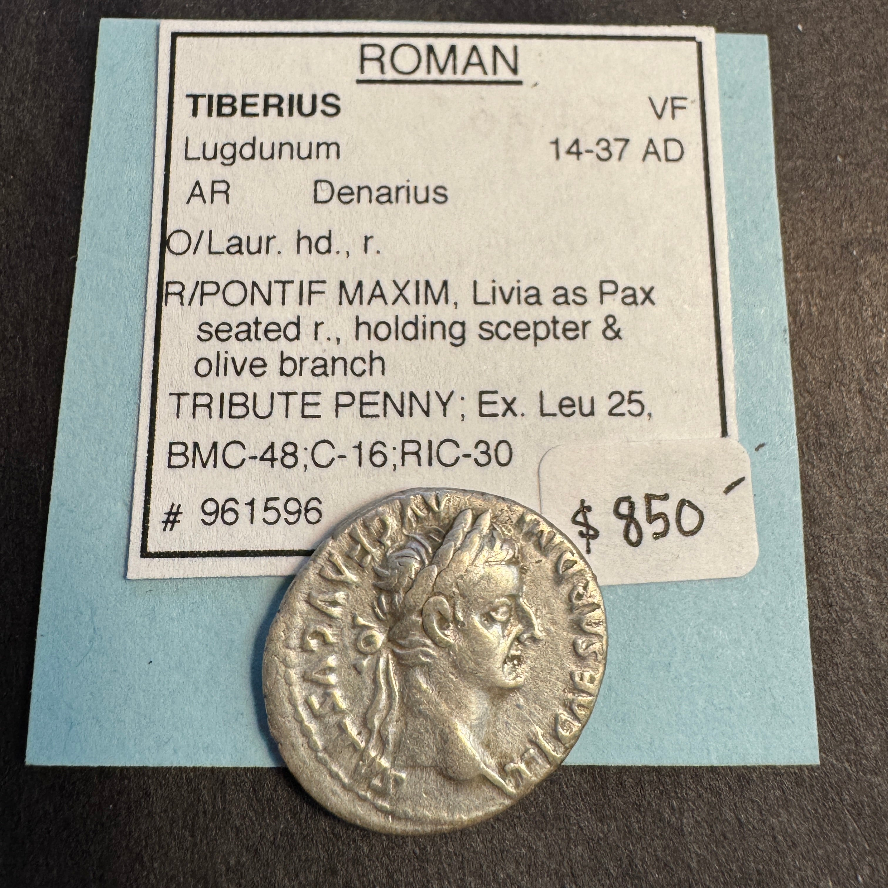 Tiberius (14-37 AD) AR Denarius, “Tribute Penny”, Roman Imperial, Rx: PAX seated rt. “Potif Maxim”