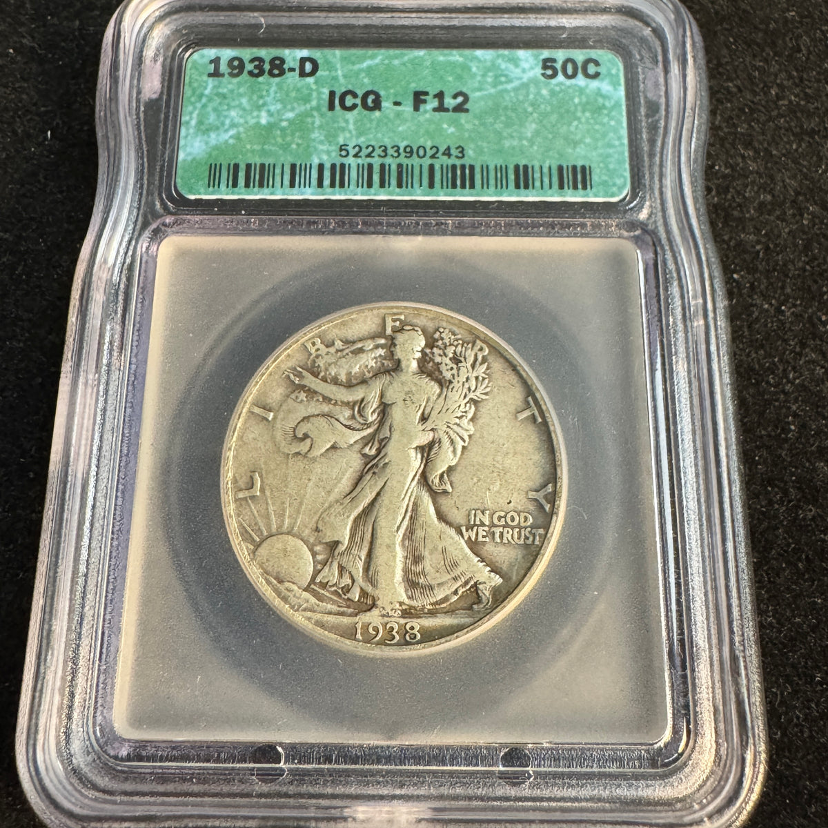 1938-D Walking Liberty 50c, key date, ICG F-12
