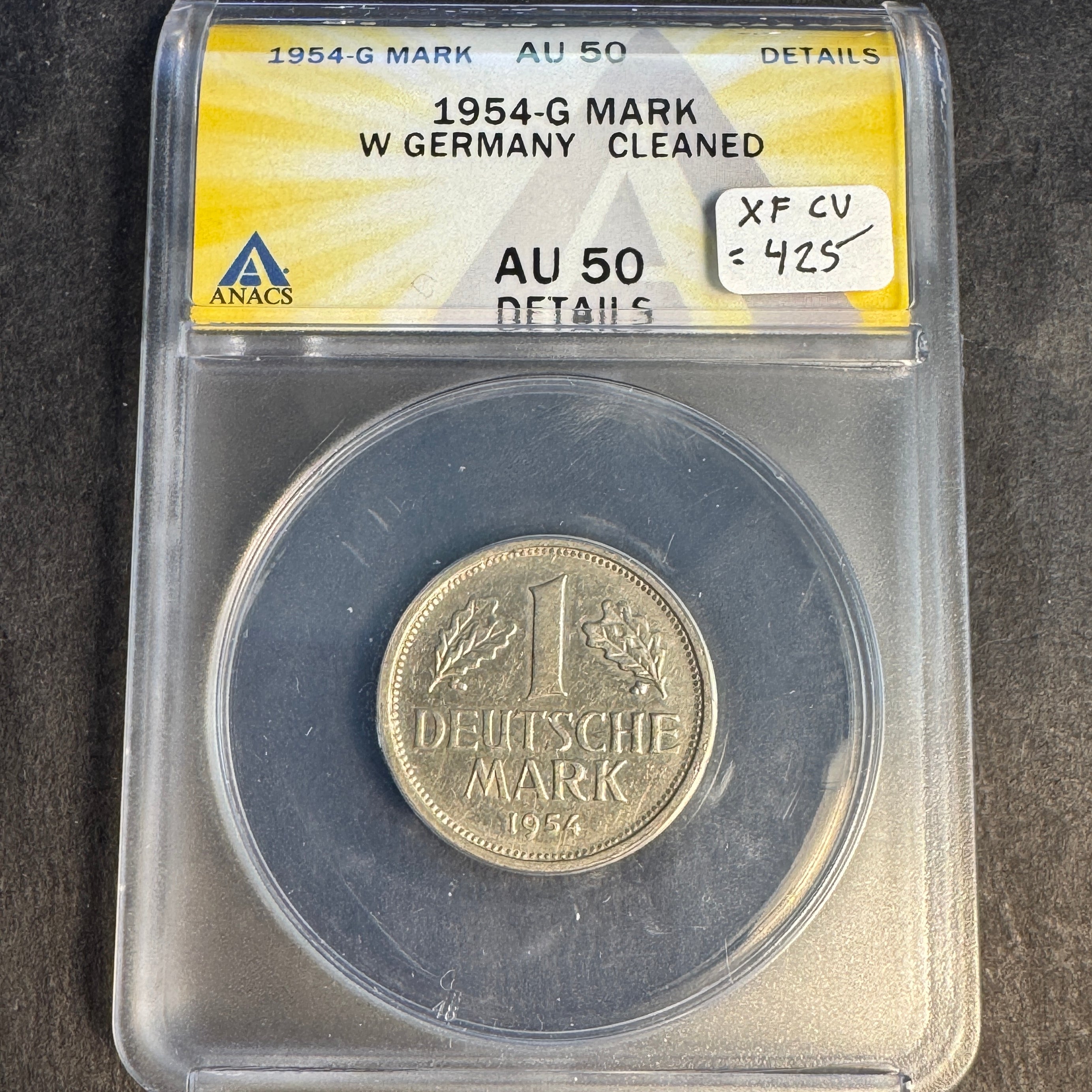 1954-G Germany 1 Mark, ANACS AU-50 Details Cleaned 🇩🇪 (XF CV = 425)