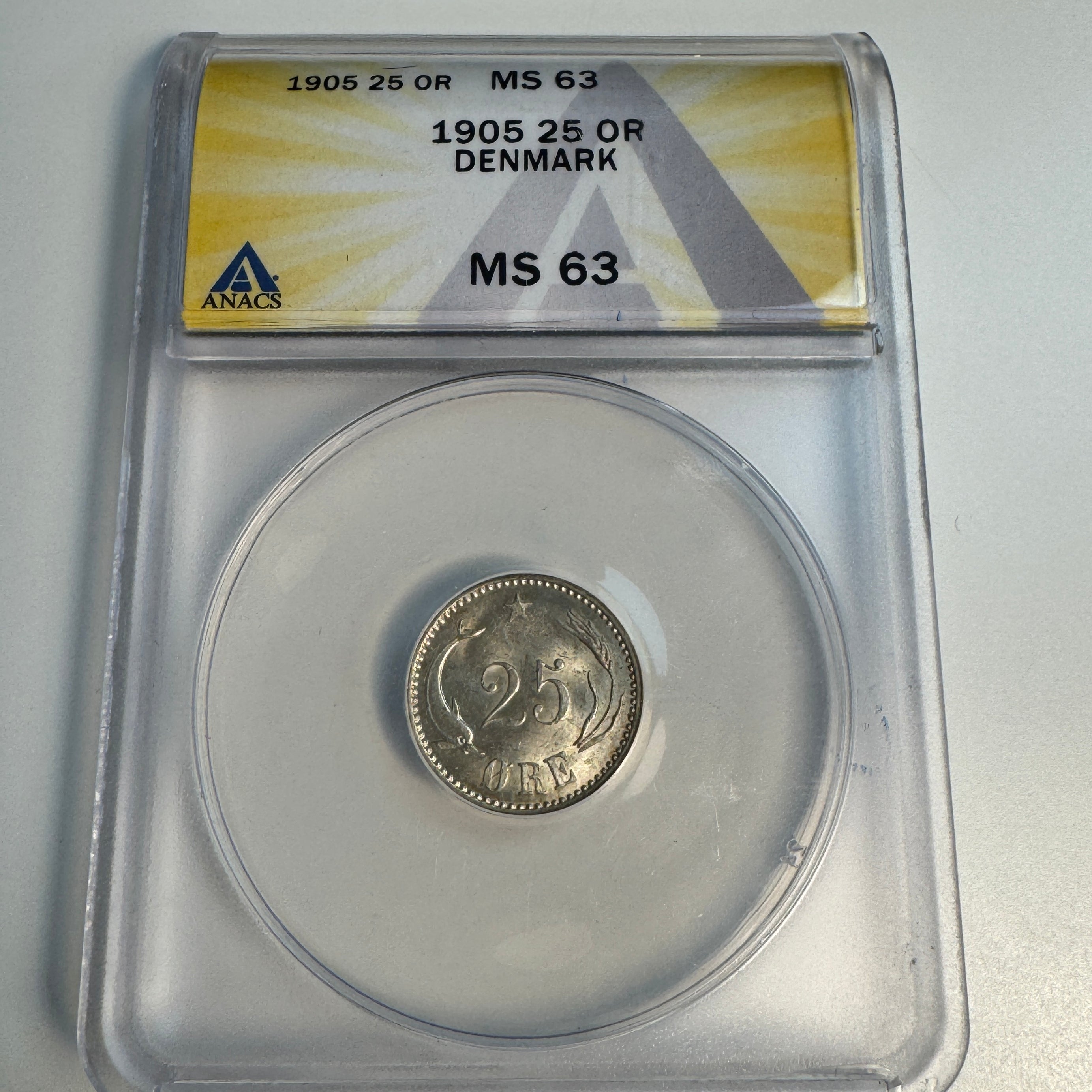 1905 Denmark 25 Ore, KM-796.2, ANACS MS-63 (60 CV=150!)