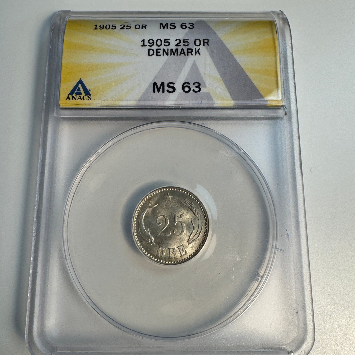 1905 Denmark 25 Ore, KM-796.2, ANACS MS-63 (60 CV=150!)