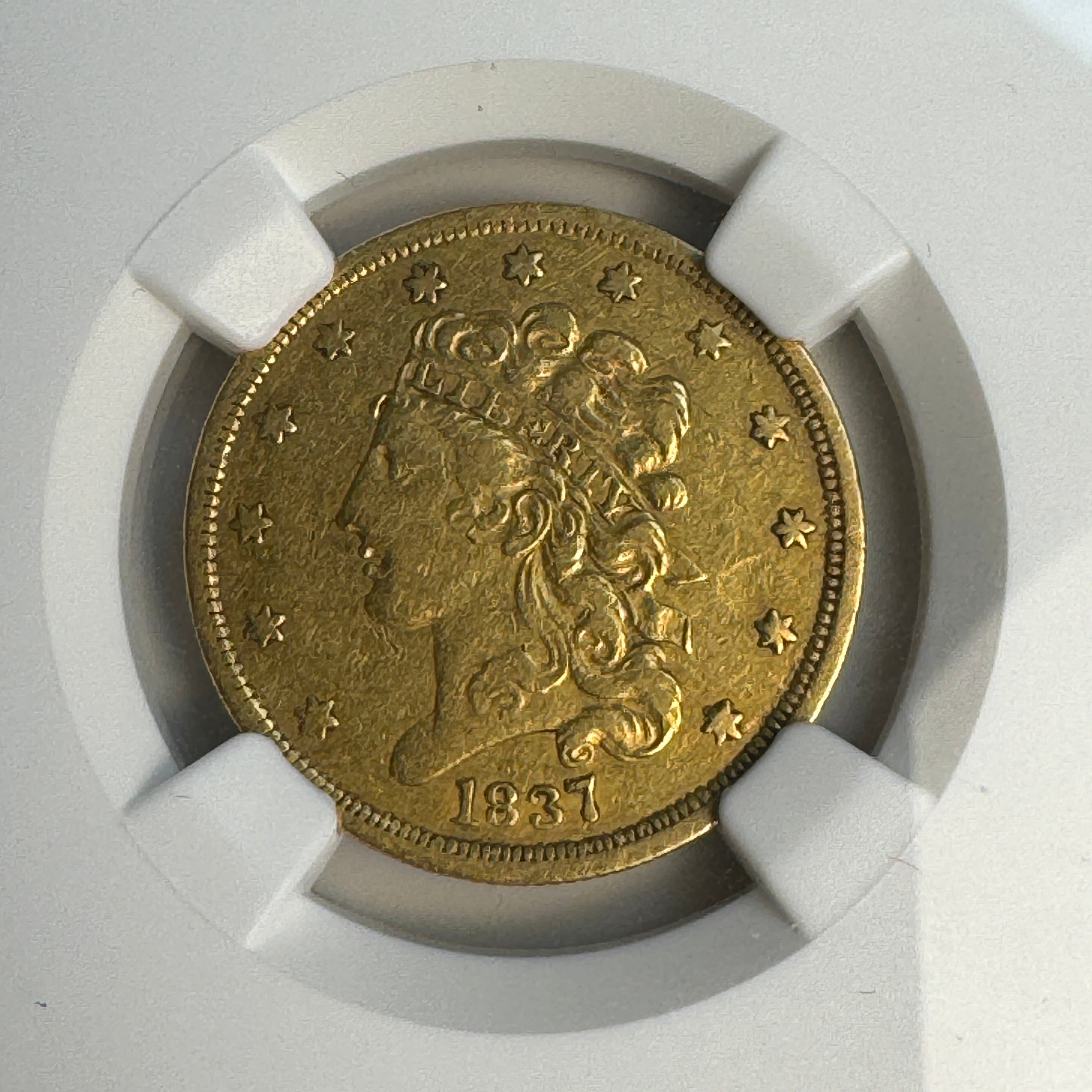 1837 Classic Head Gold $5, NGC XF-45