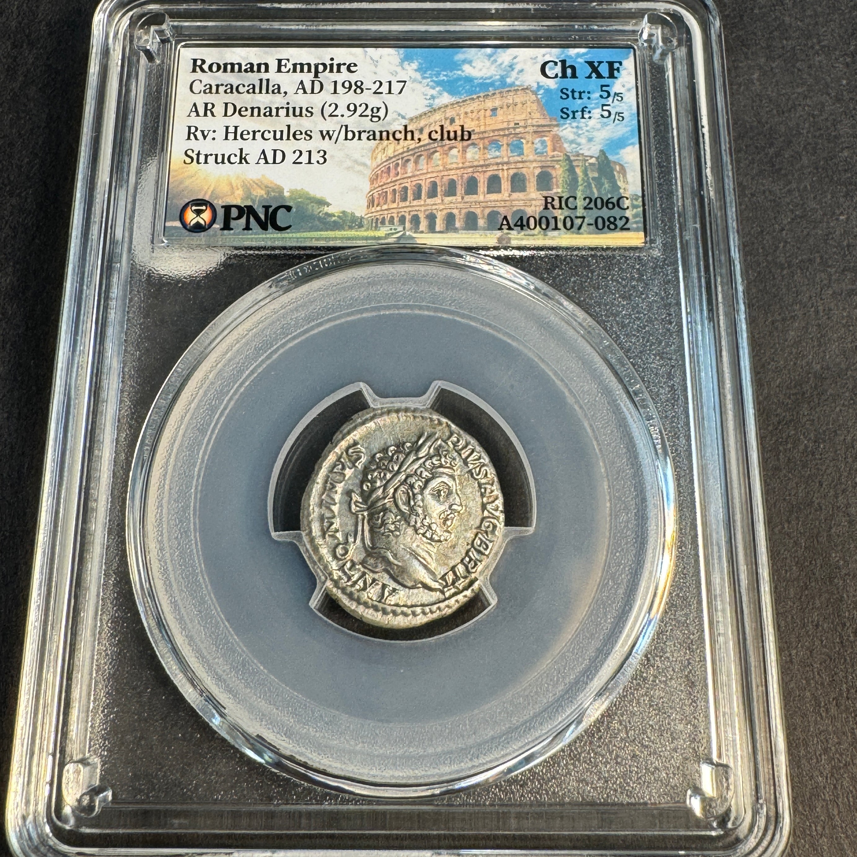 Caracalla (AD 198-217) Roman Empire, AR Denarius, Rx Hercules, RIC 206C, PNC Choice XF