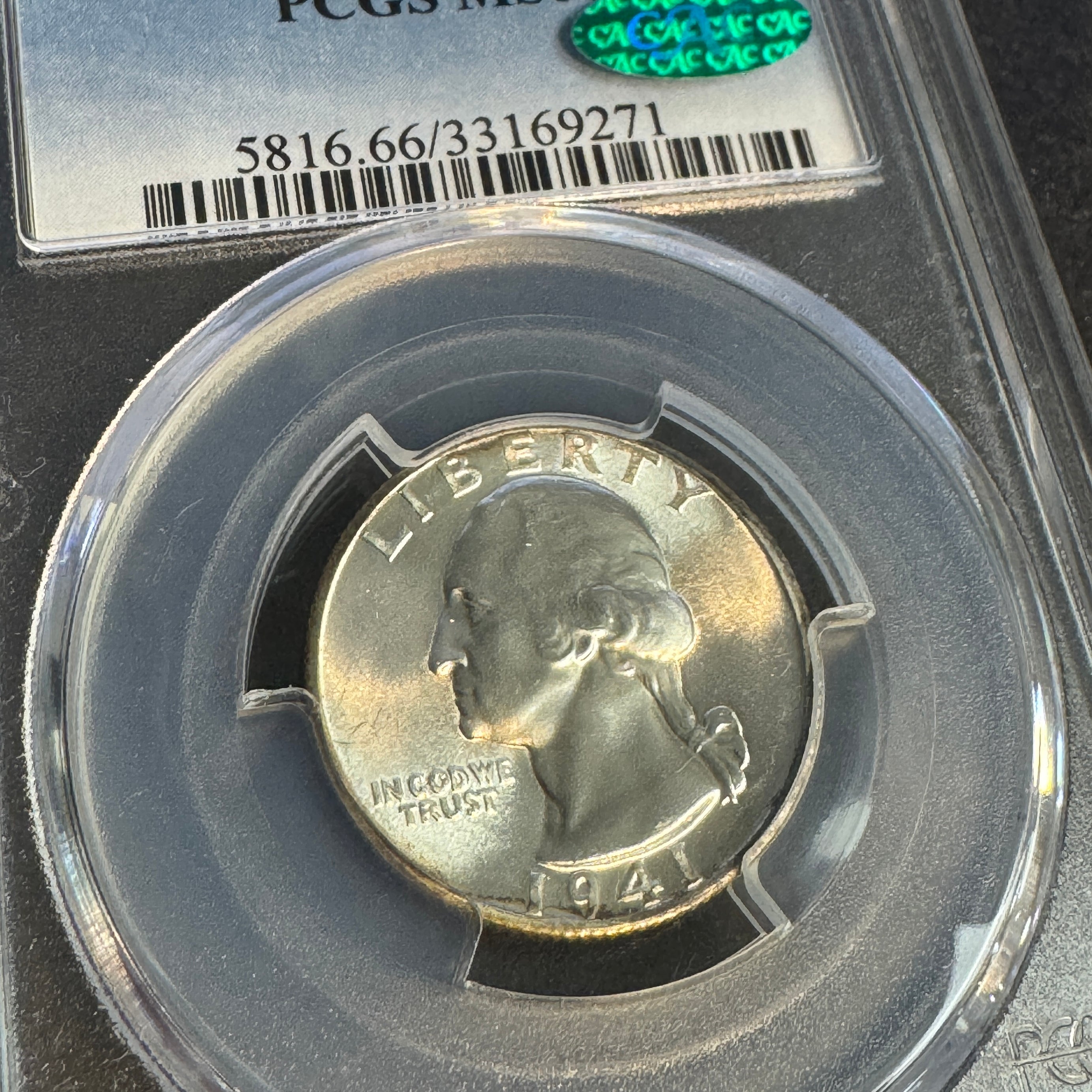 1941-S Washington Quarter 25c, PCGS MS-66 Green CAC