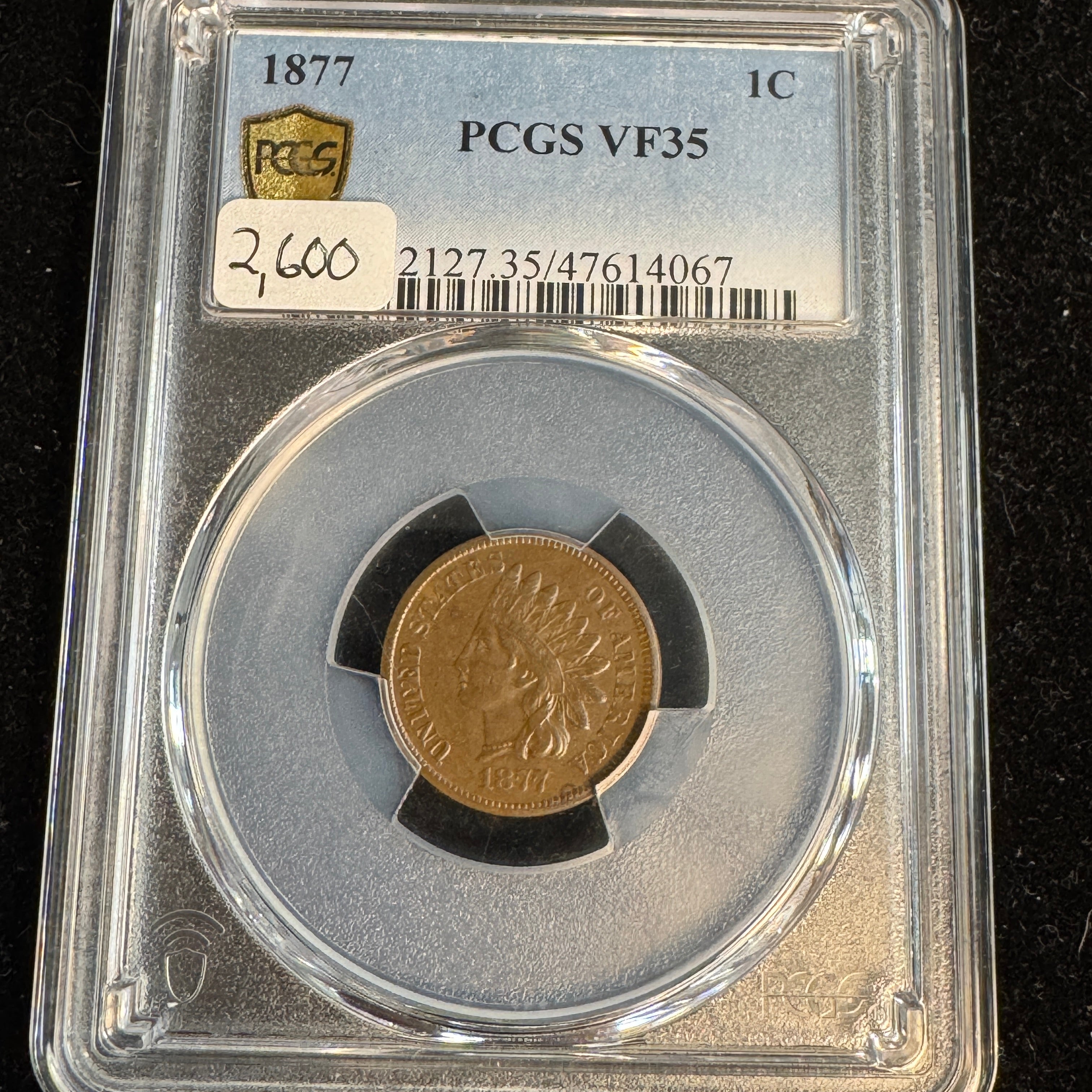 1877 Indian Head Cent US 1c Key Date, PCGS VF-35