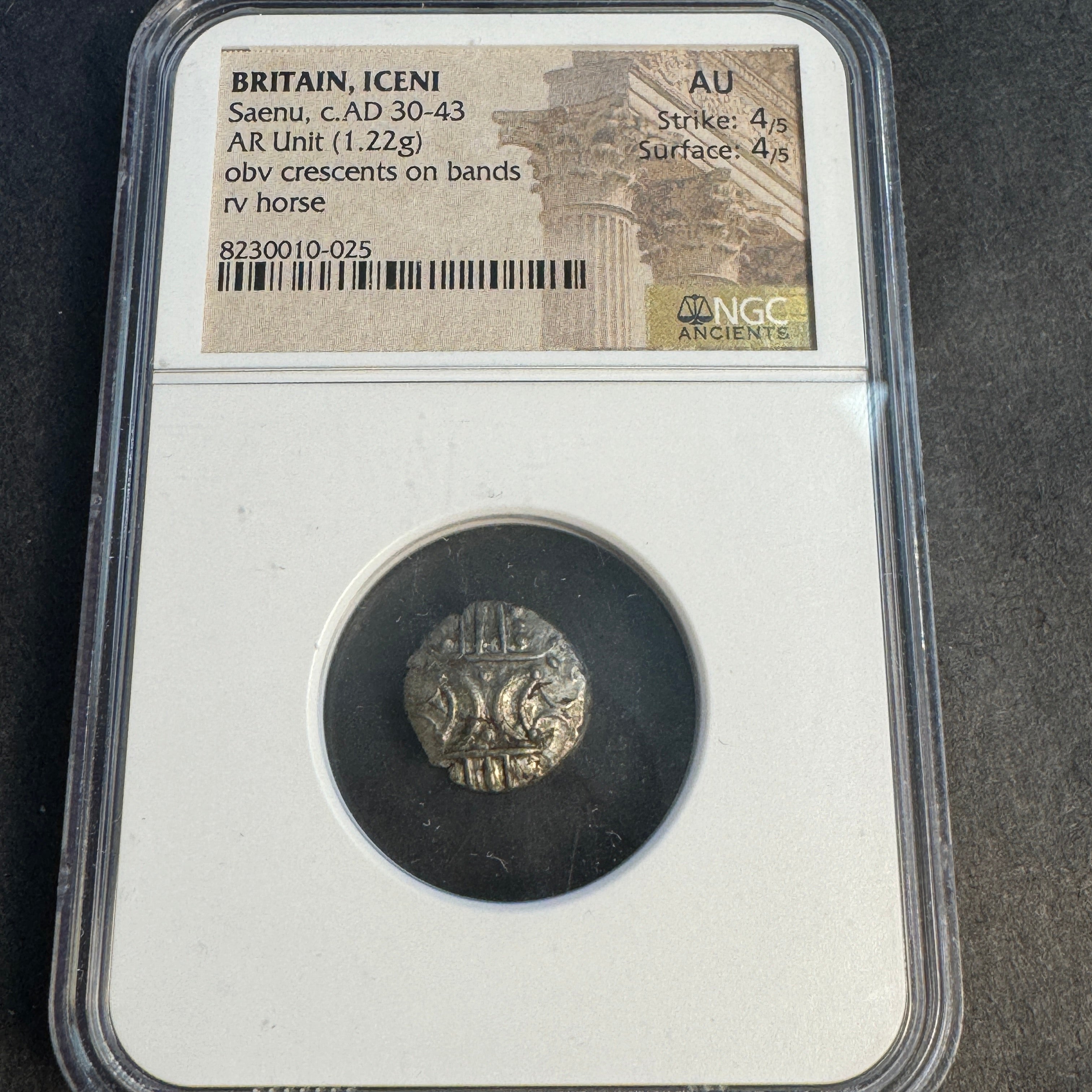 Roman Britain, Iceni Tribe, Saenu Rebellion (c.40 A.D.) AR Unit, Crescent / Horse, NGC AU